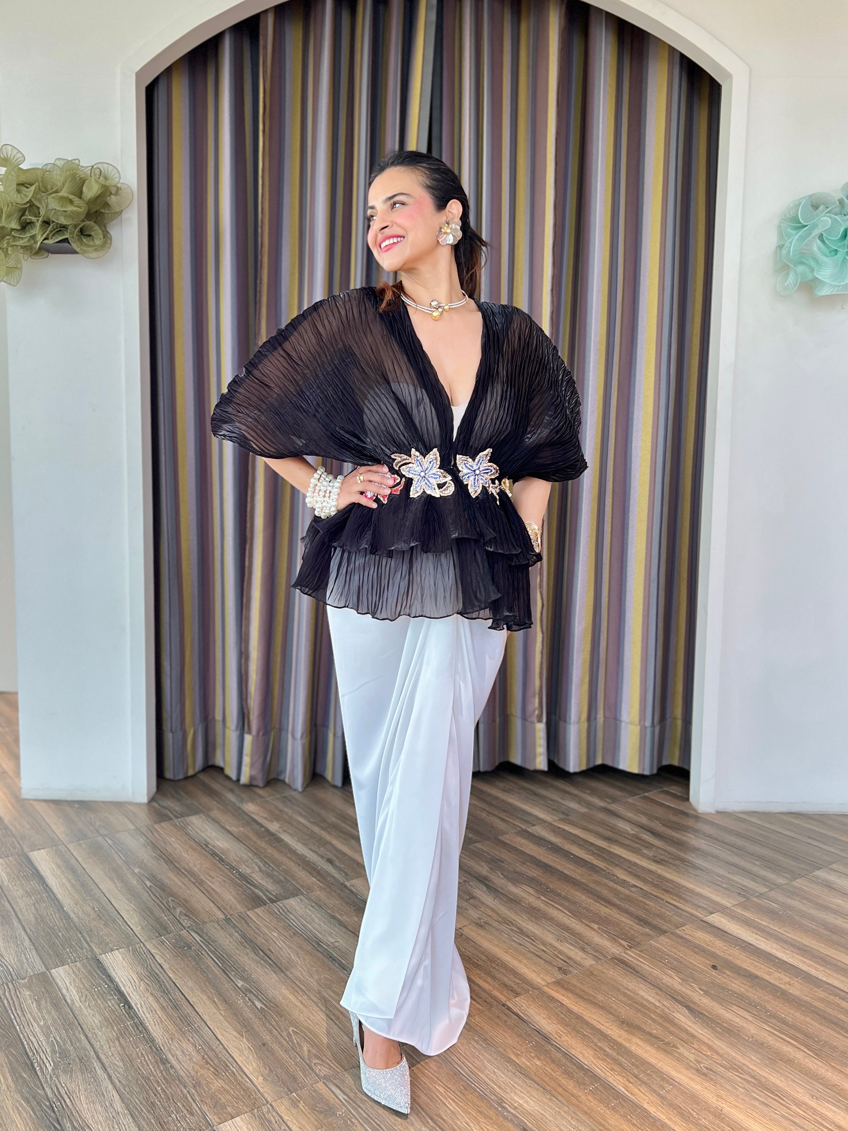 Black embroidered layered skirt set