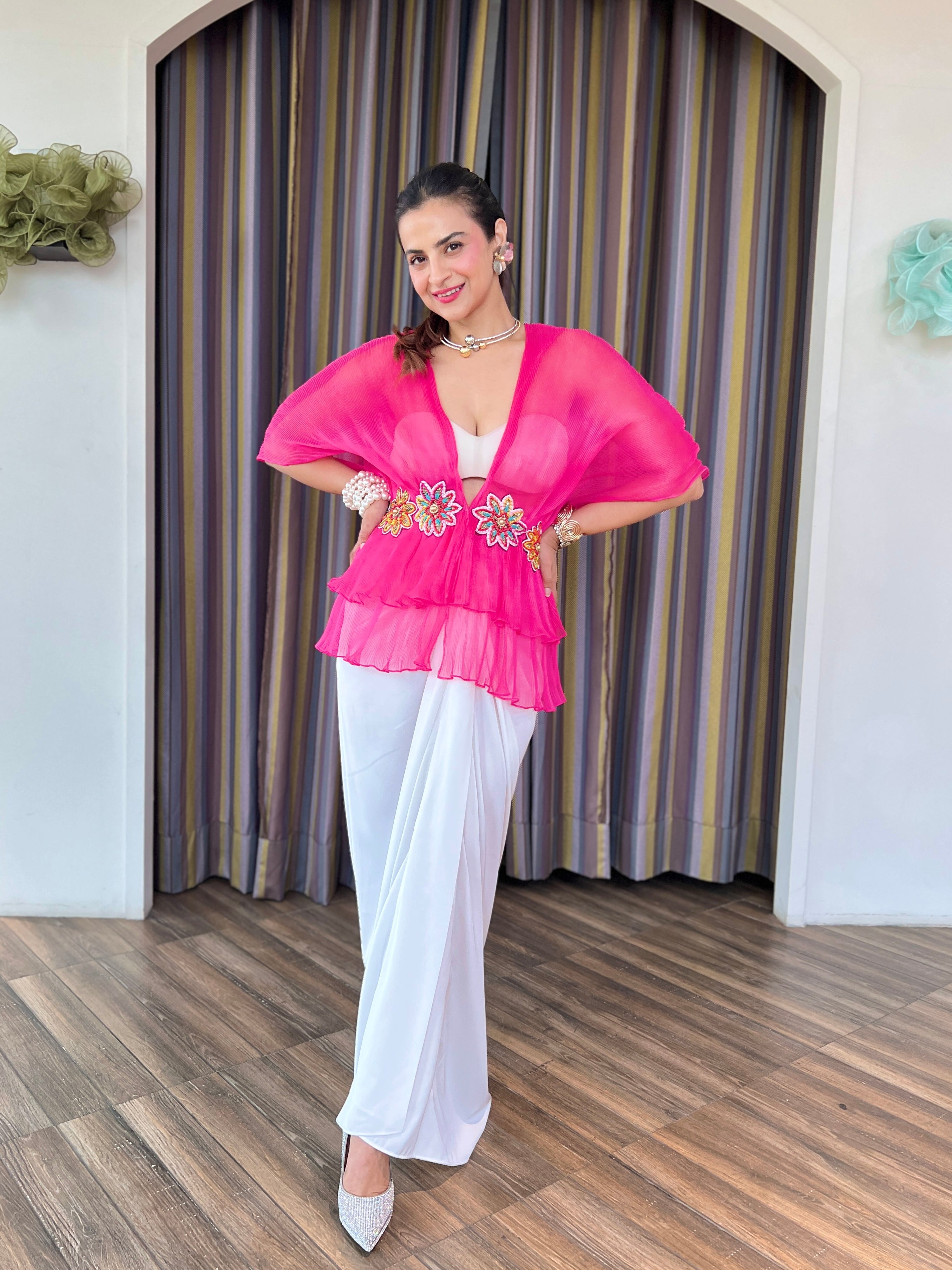 Valentino pink embroidered layered armani silk skirt set