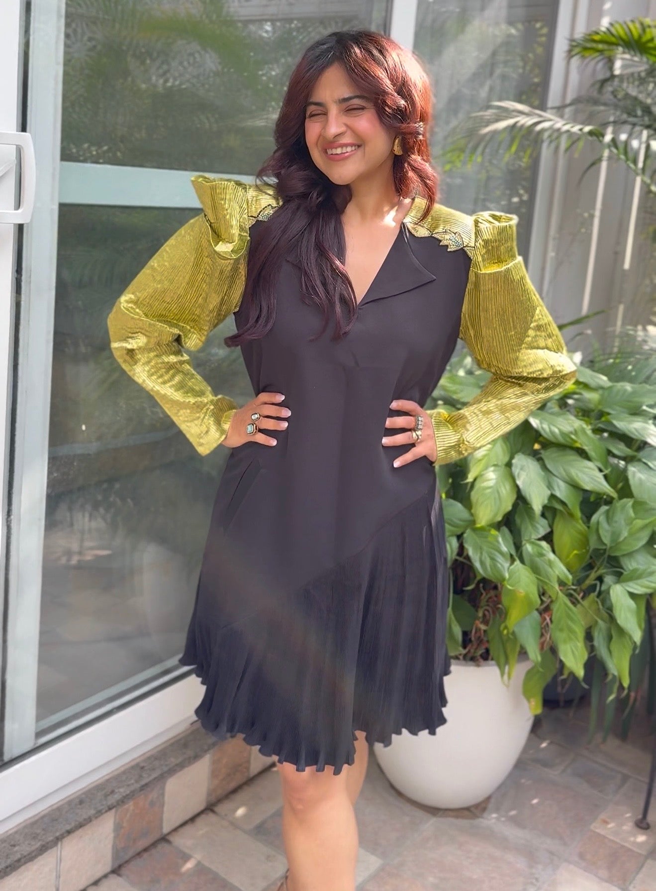 Green Crazy Shoulder Dress in Green