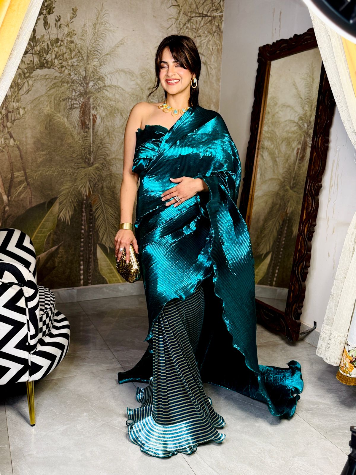 Aqua Blue colorblock saree with stripes