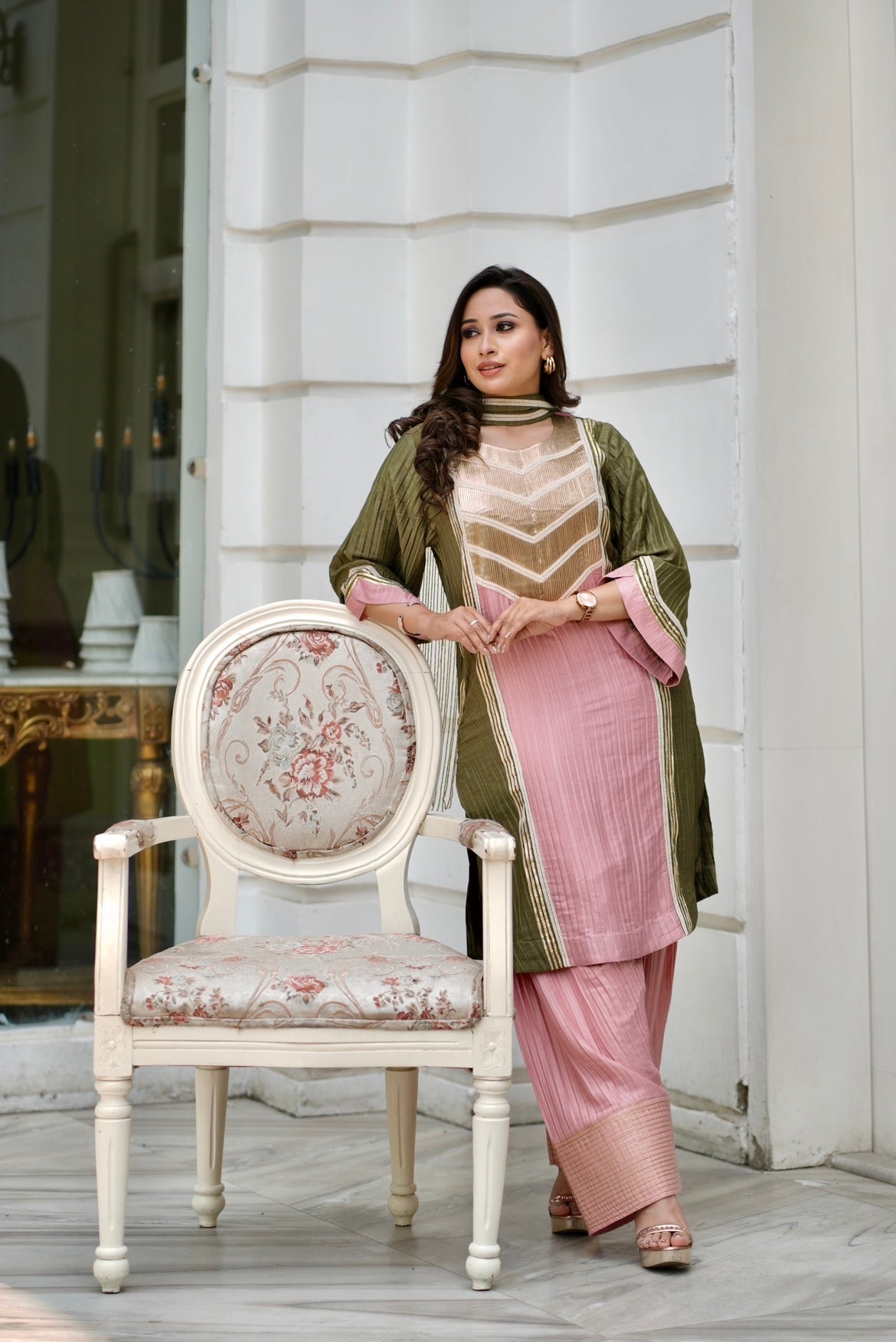 Denim peach olive green farsi salwar set
