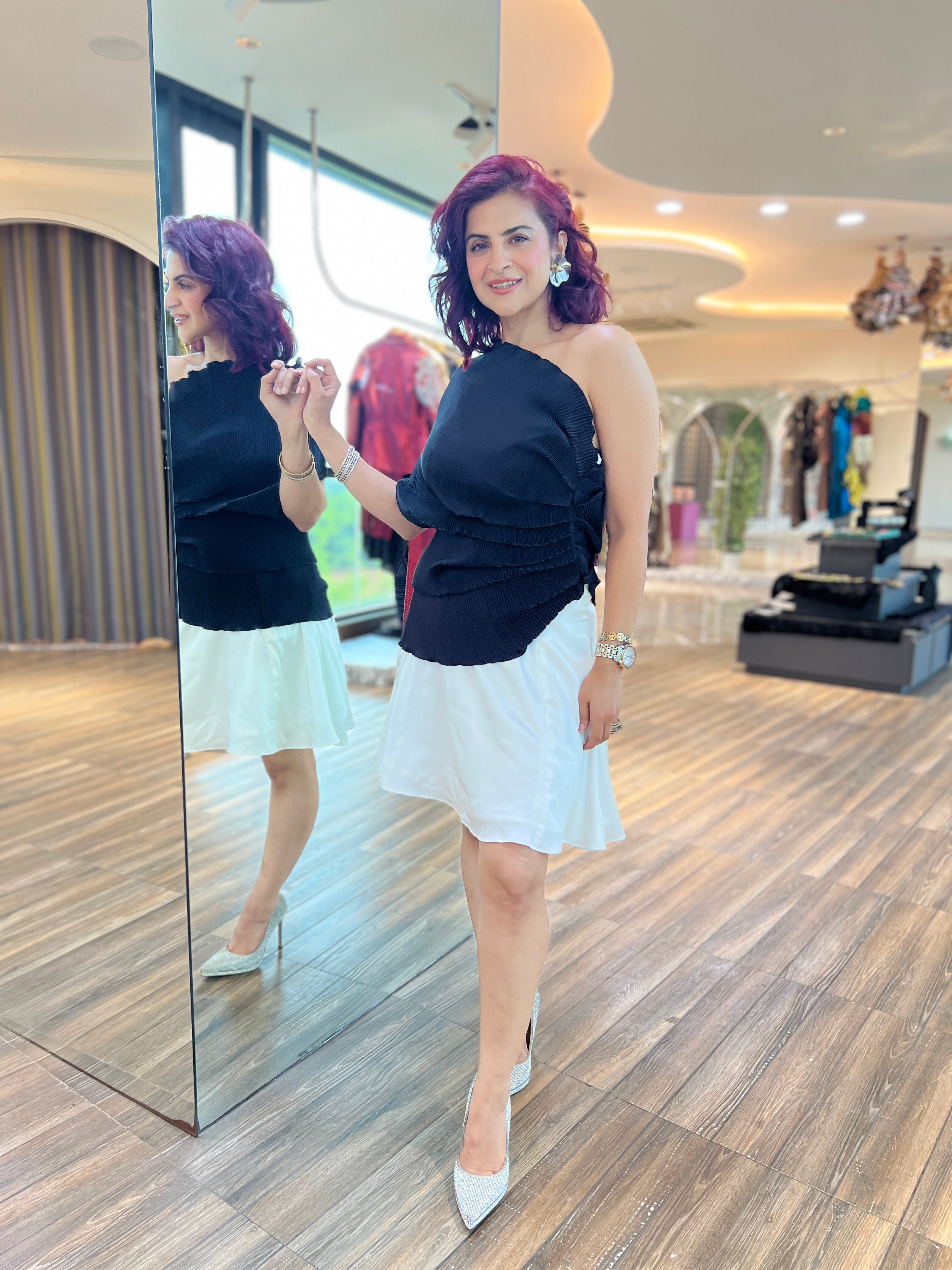 Black satin short multidrape dress