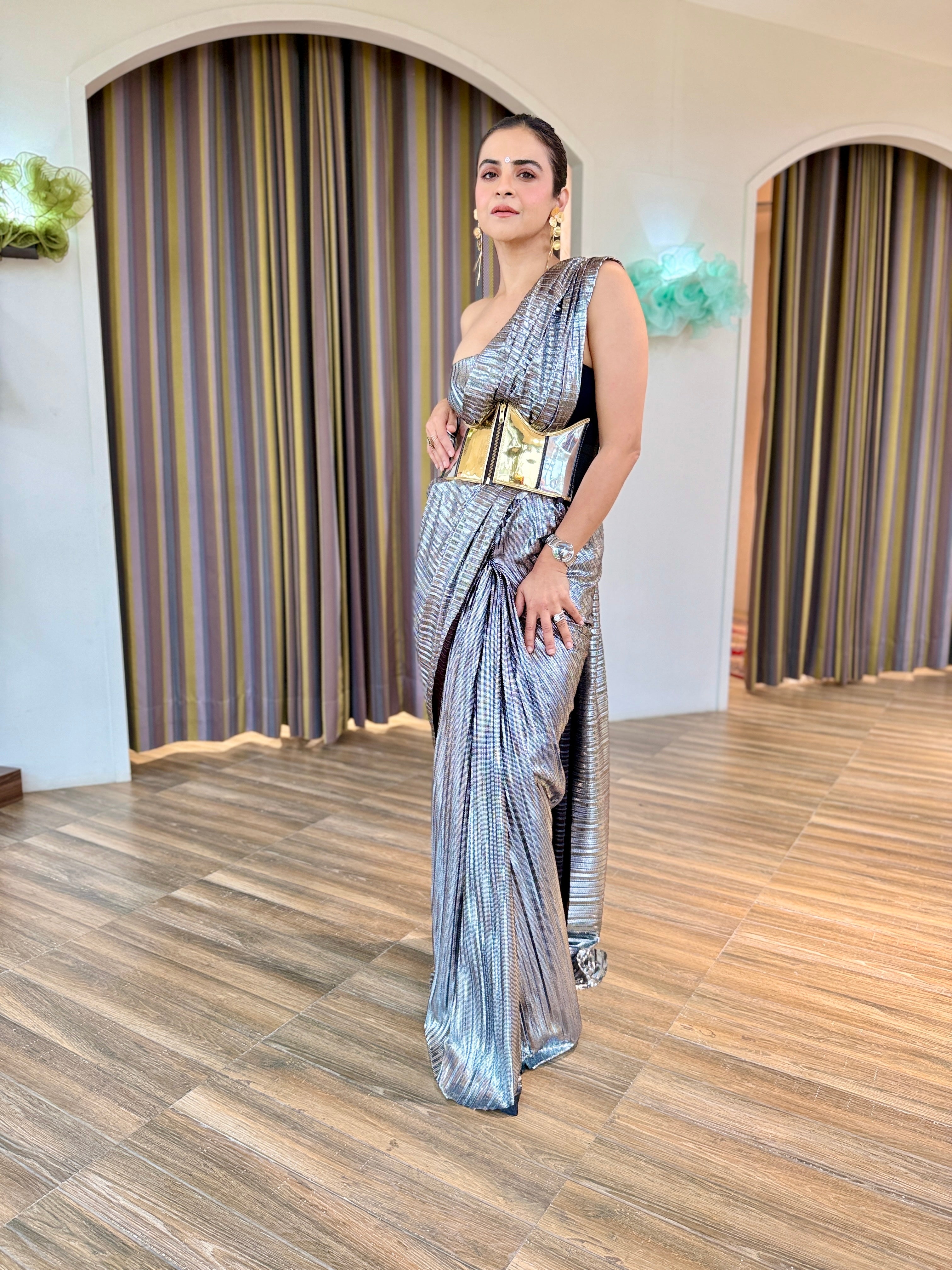 Onyx silver pre-draped saree set