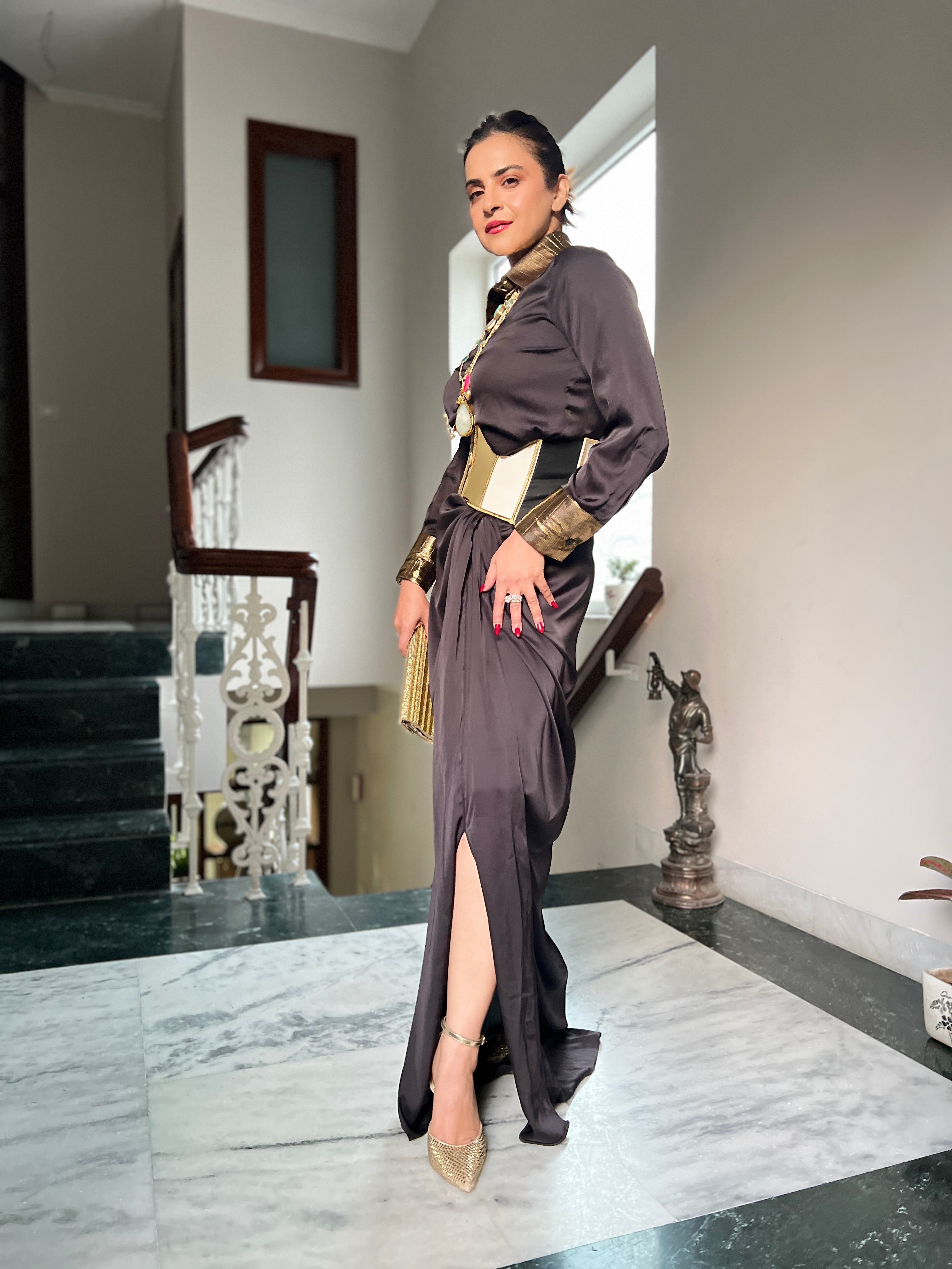 Black satin shirt & drape skirt set