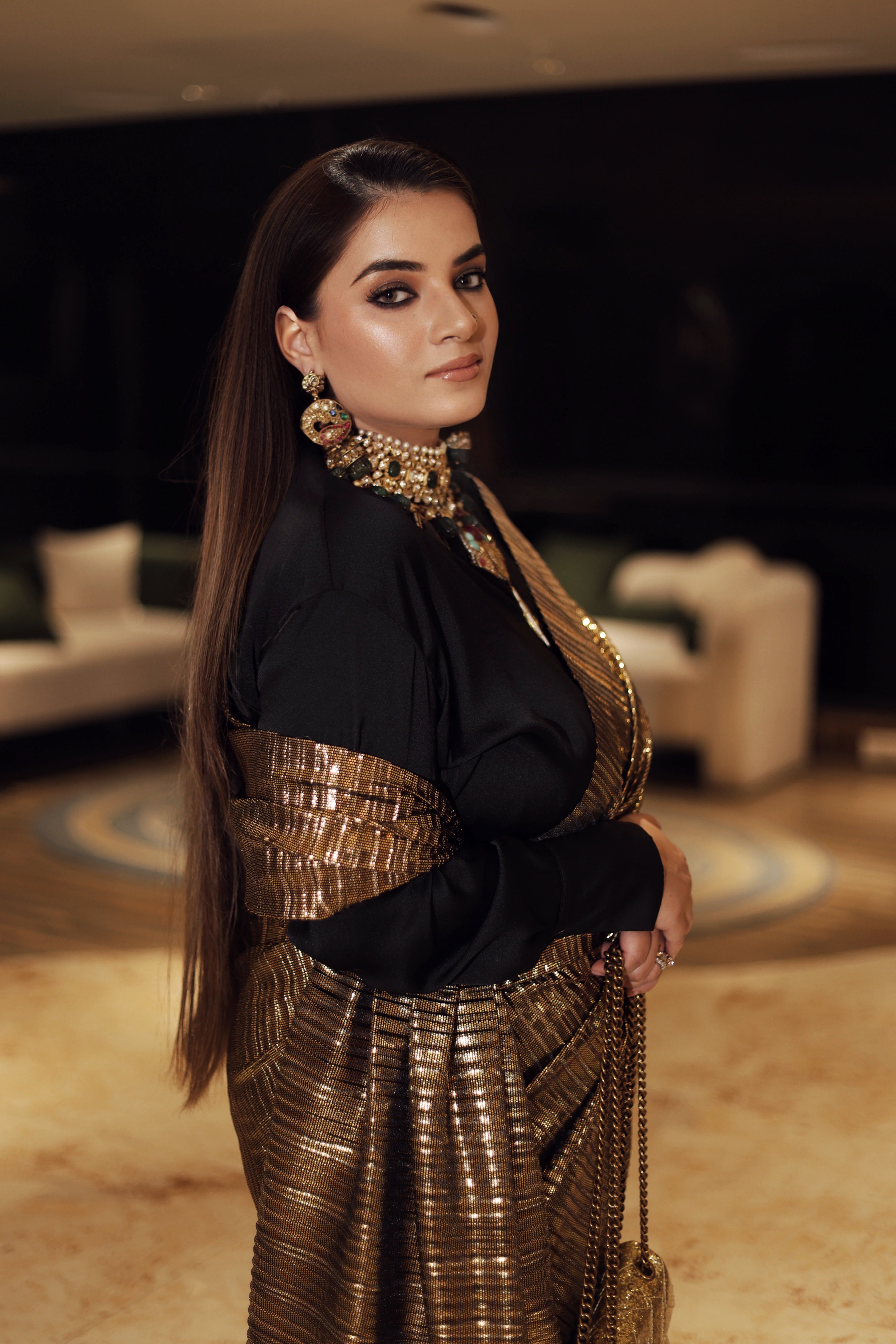 Renaissance gold pre-draped saree set