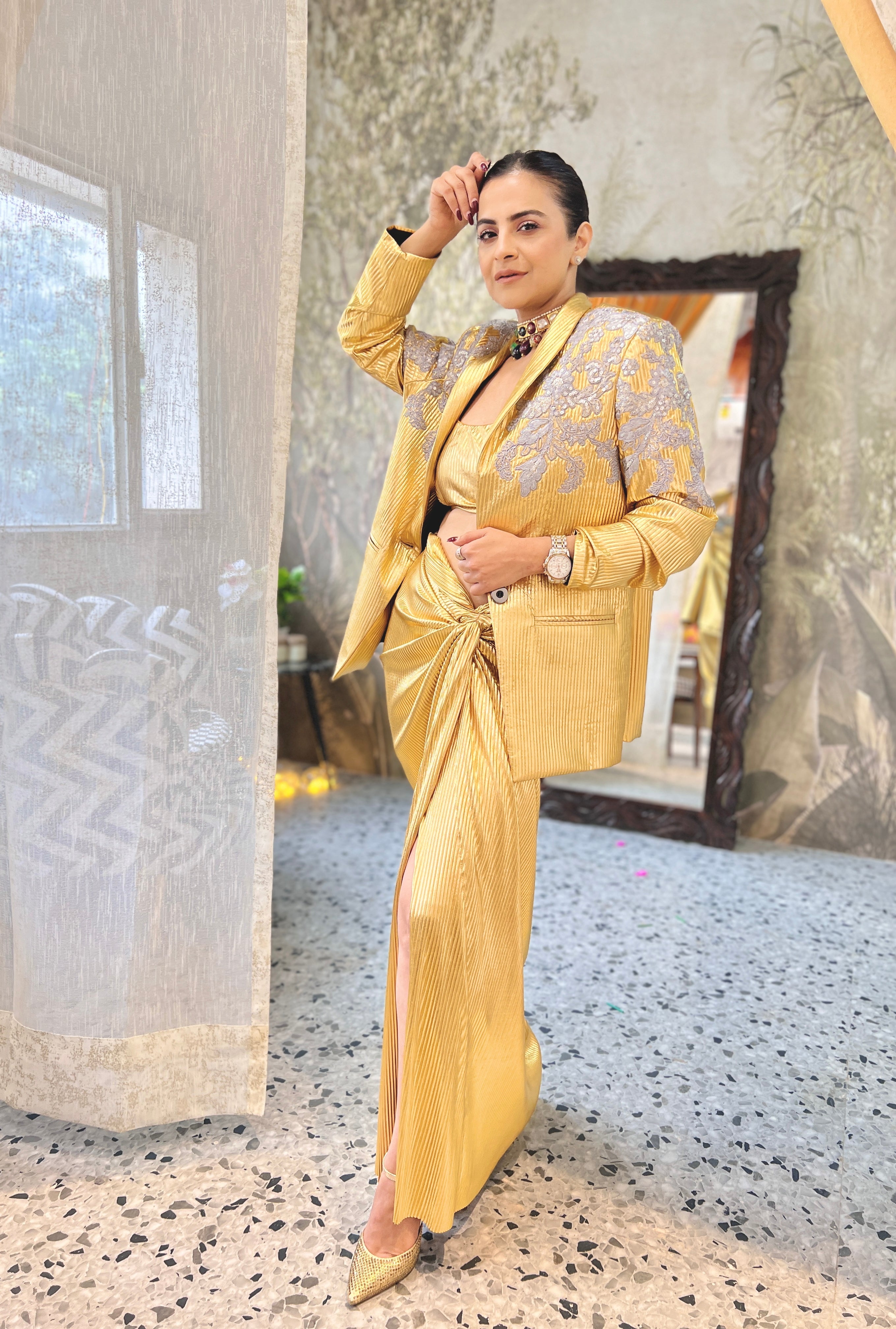 Metallic drape leather skirt in Gold lust