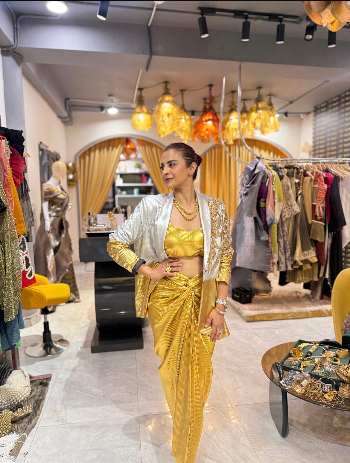 Gold Lust Power Drape Skirt Suit with Neckpiece