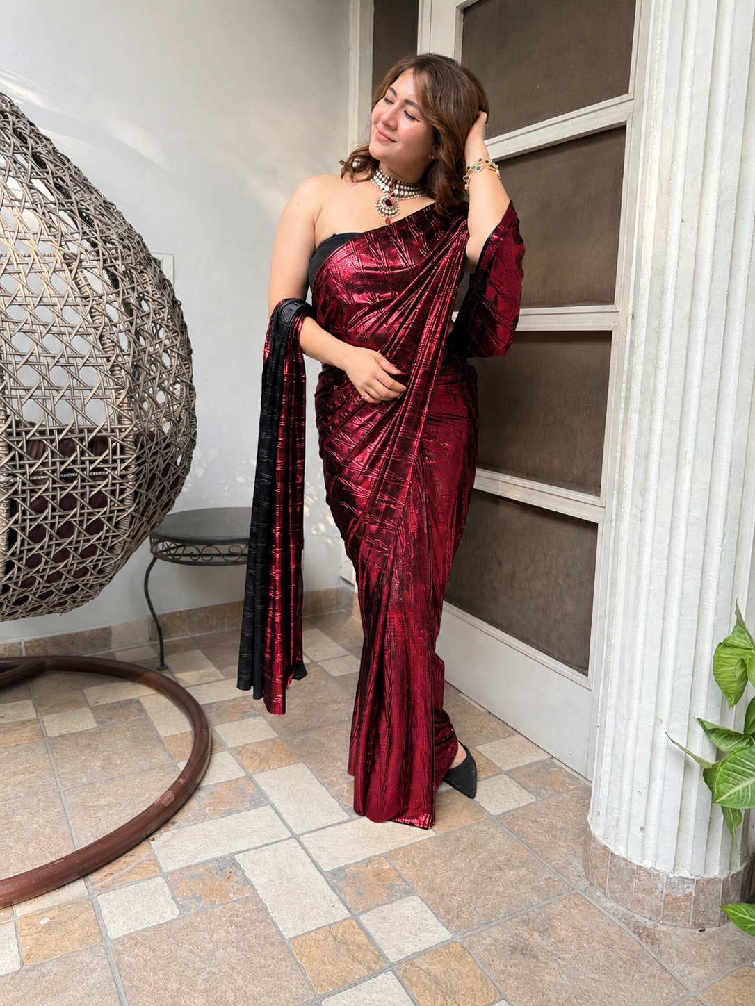 Venetian Red pre-draped saree set