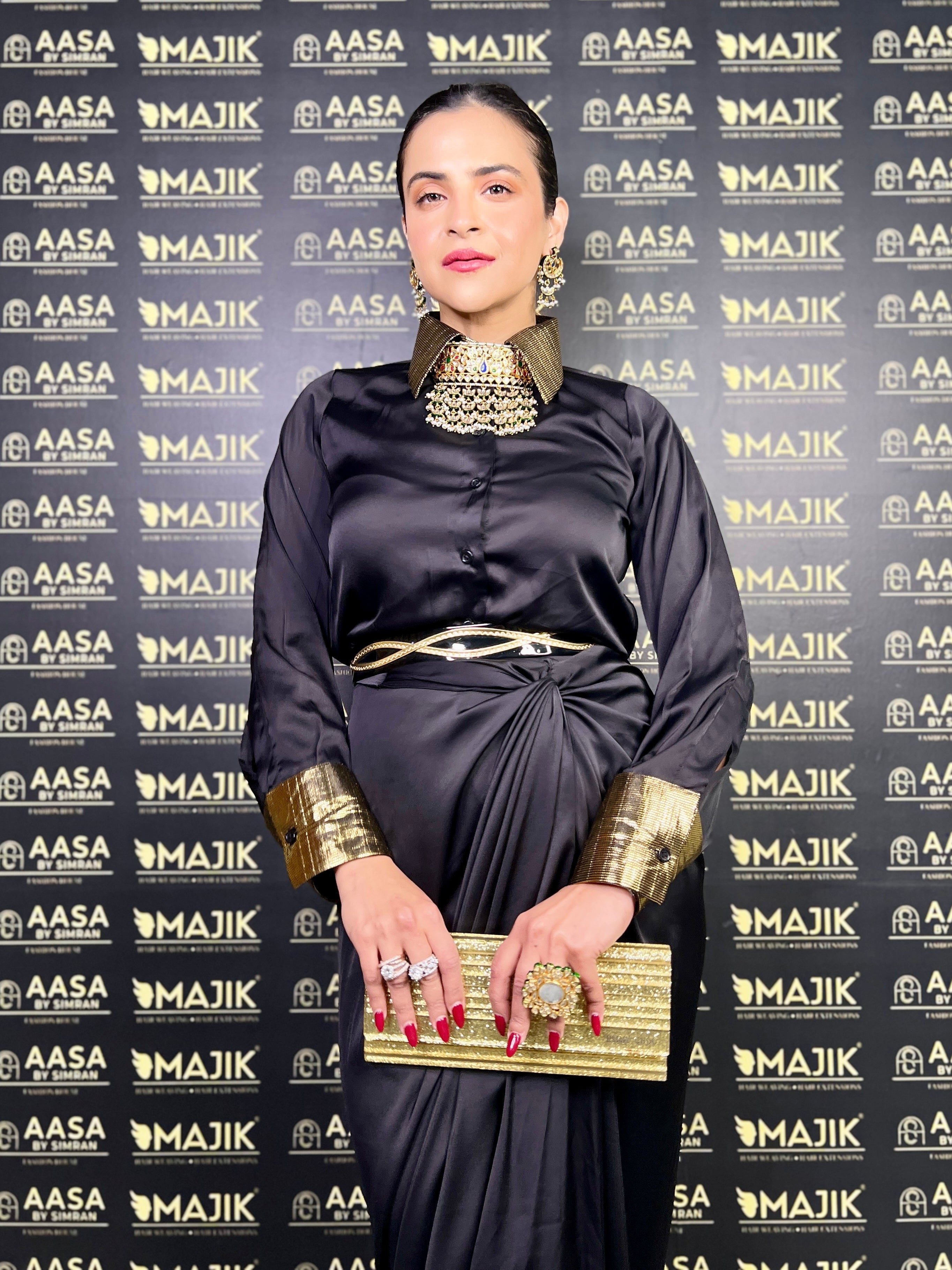 Black satin shirt & drape skirt set