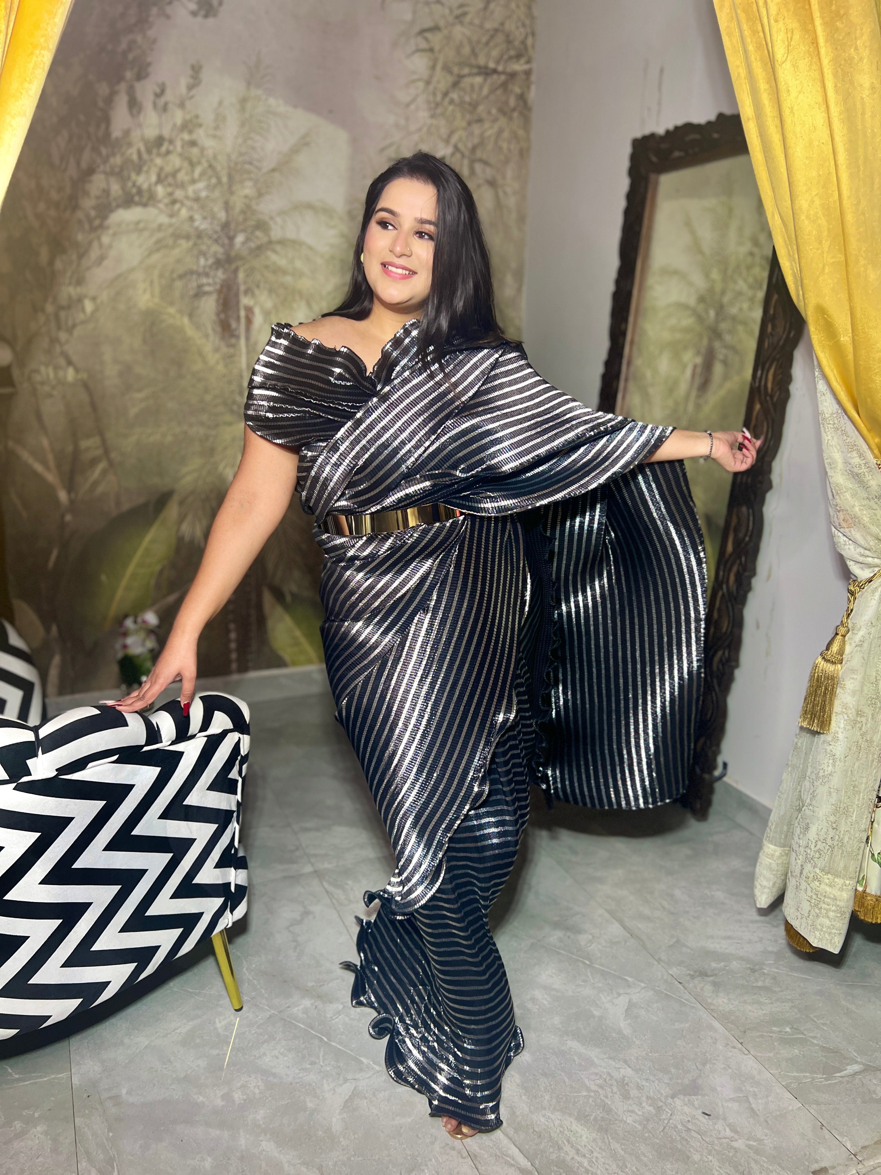 Pre-stitched saree with multi drape top in Midnight Lustre