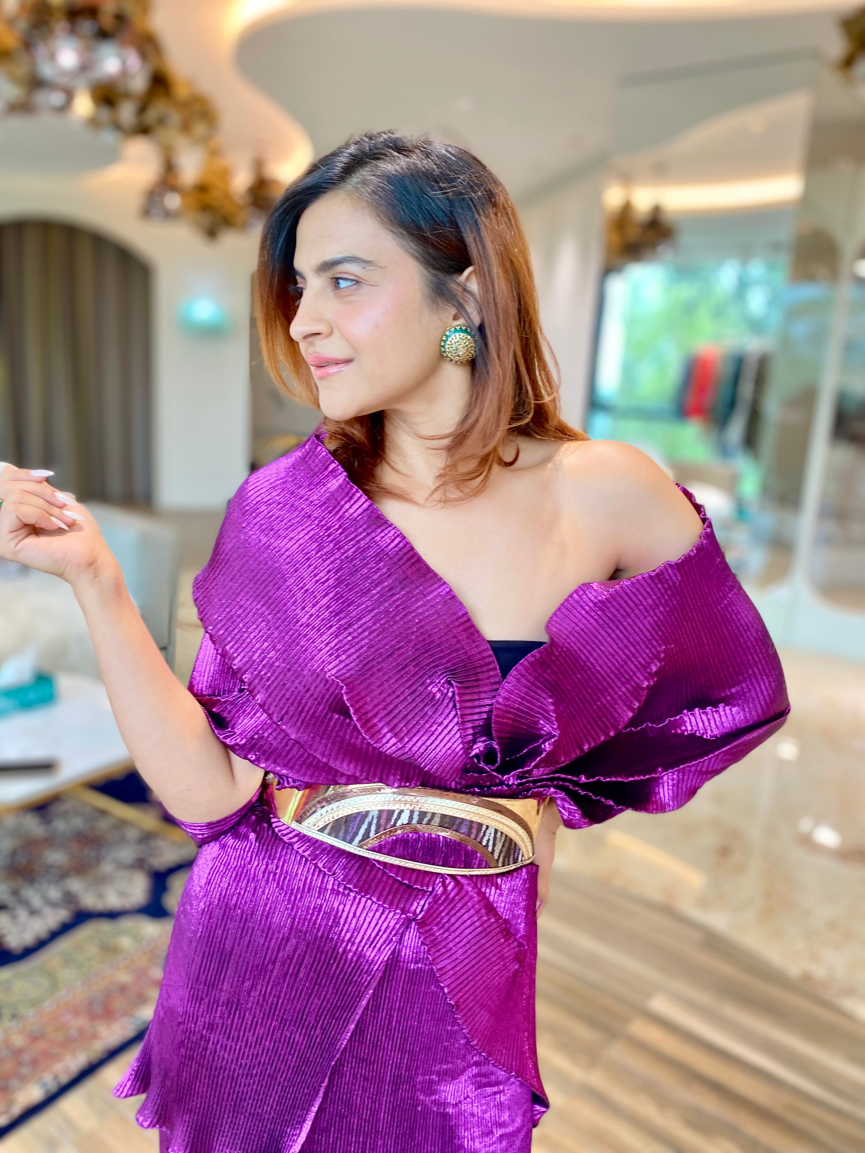 Magenta shimmer multi drape top