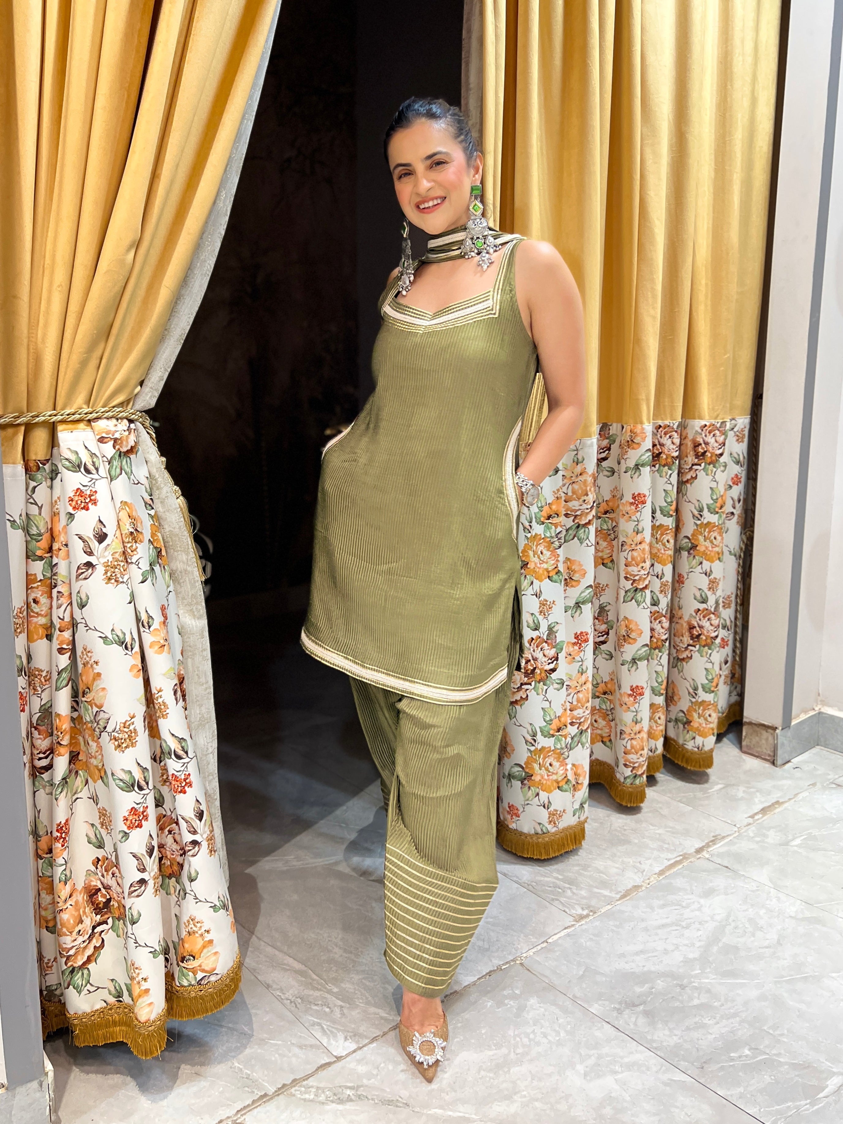 Denim olive green farsi salwar set