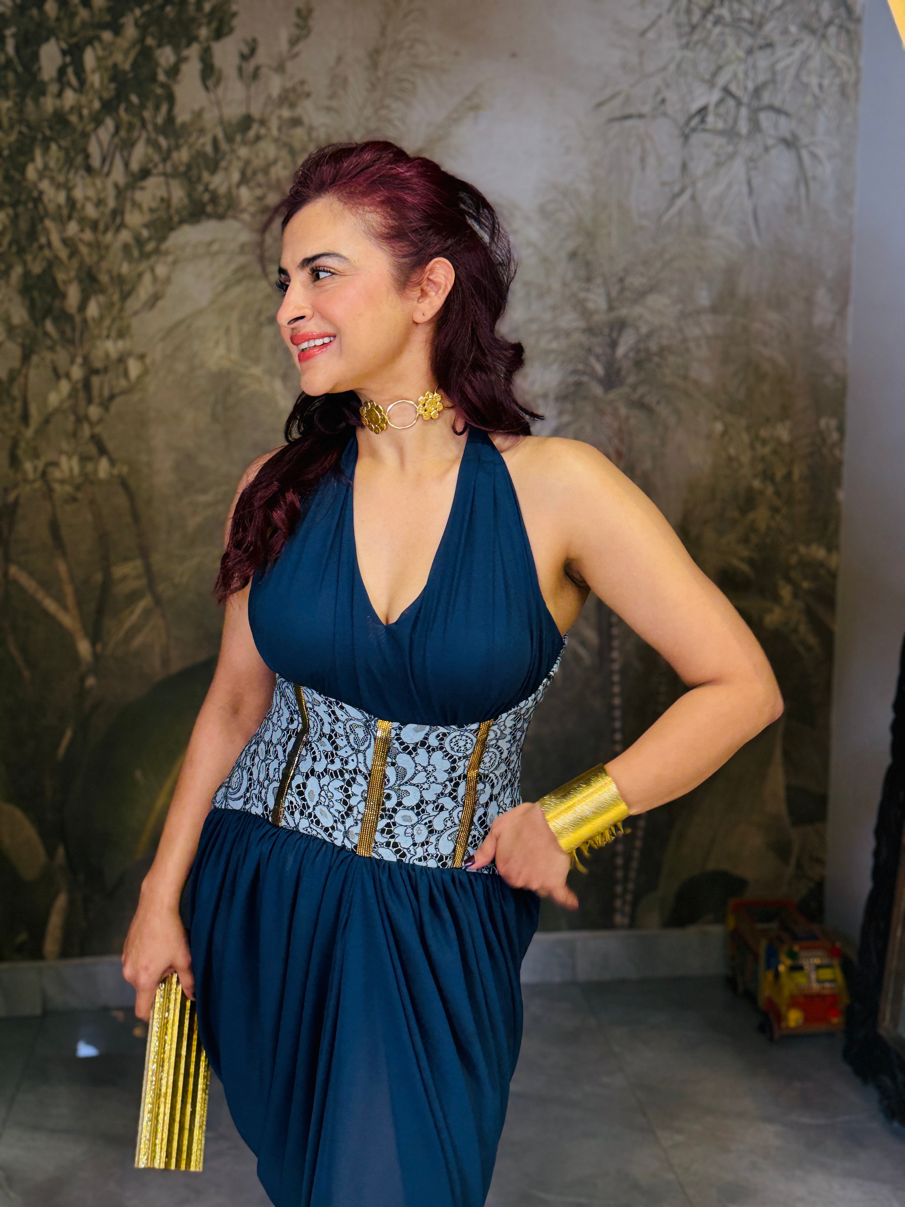 Saphire blue V-neck Lycra corset gown .