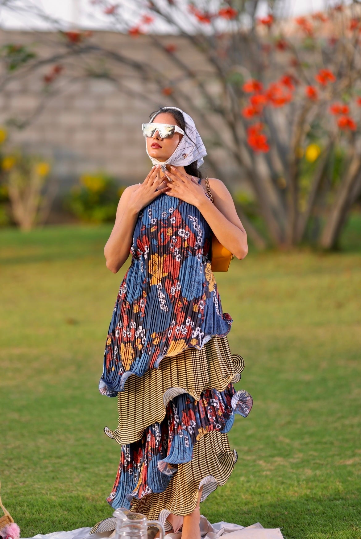 Martinique gold long ruffle layer dress