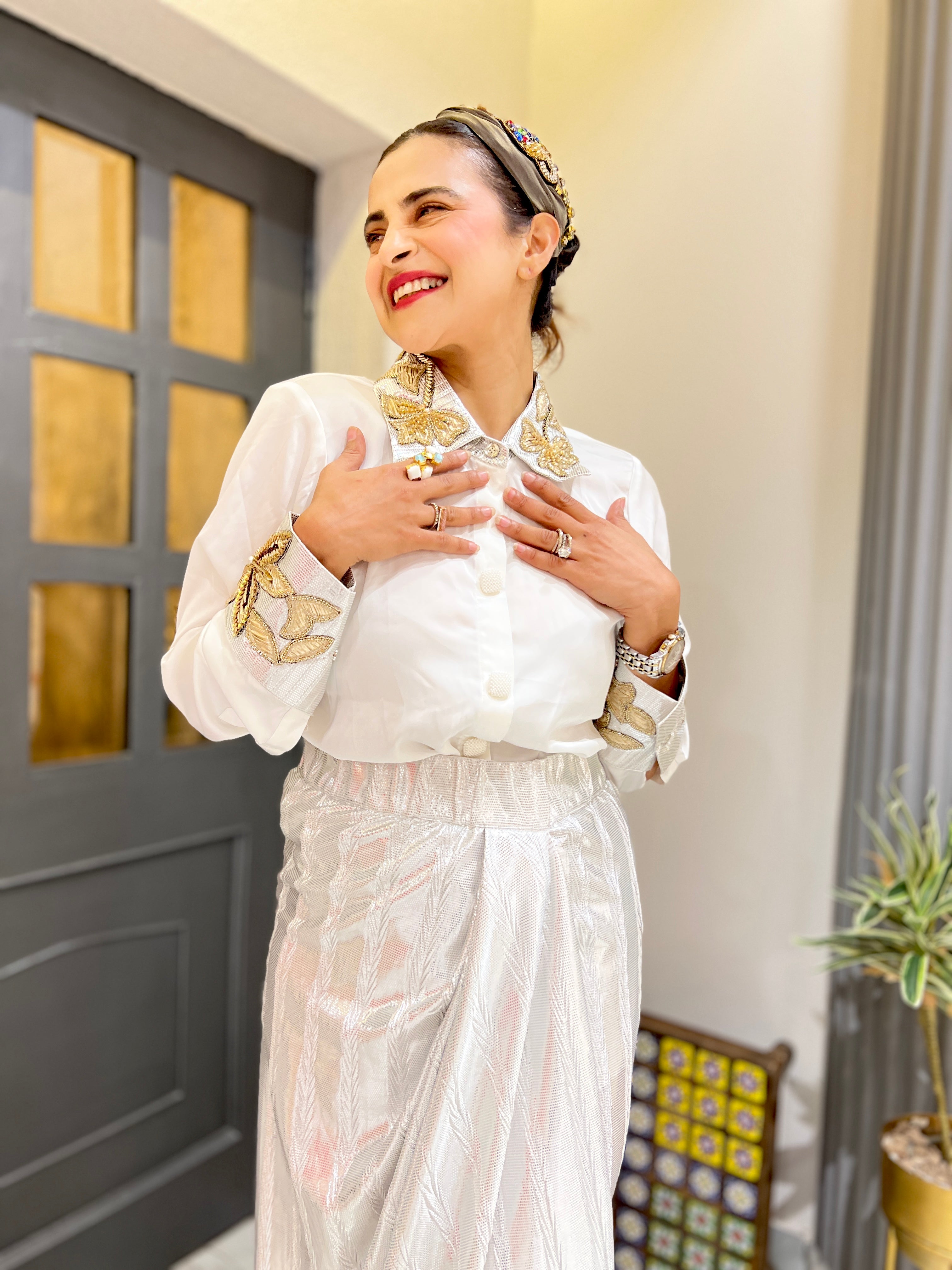 White satin shirt & drape skirt set