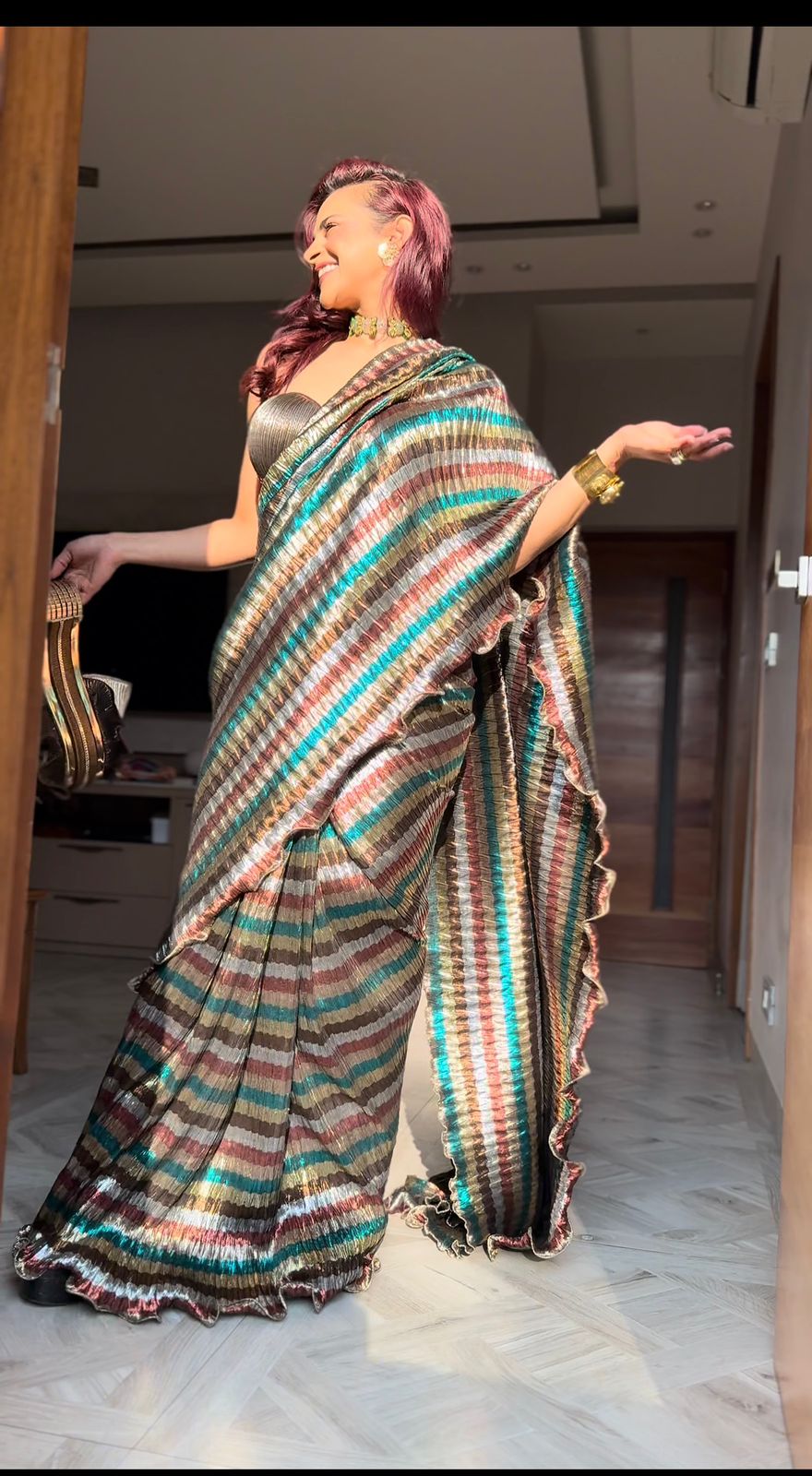 Multi Color Striped Saree with Strappy Blouse