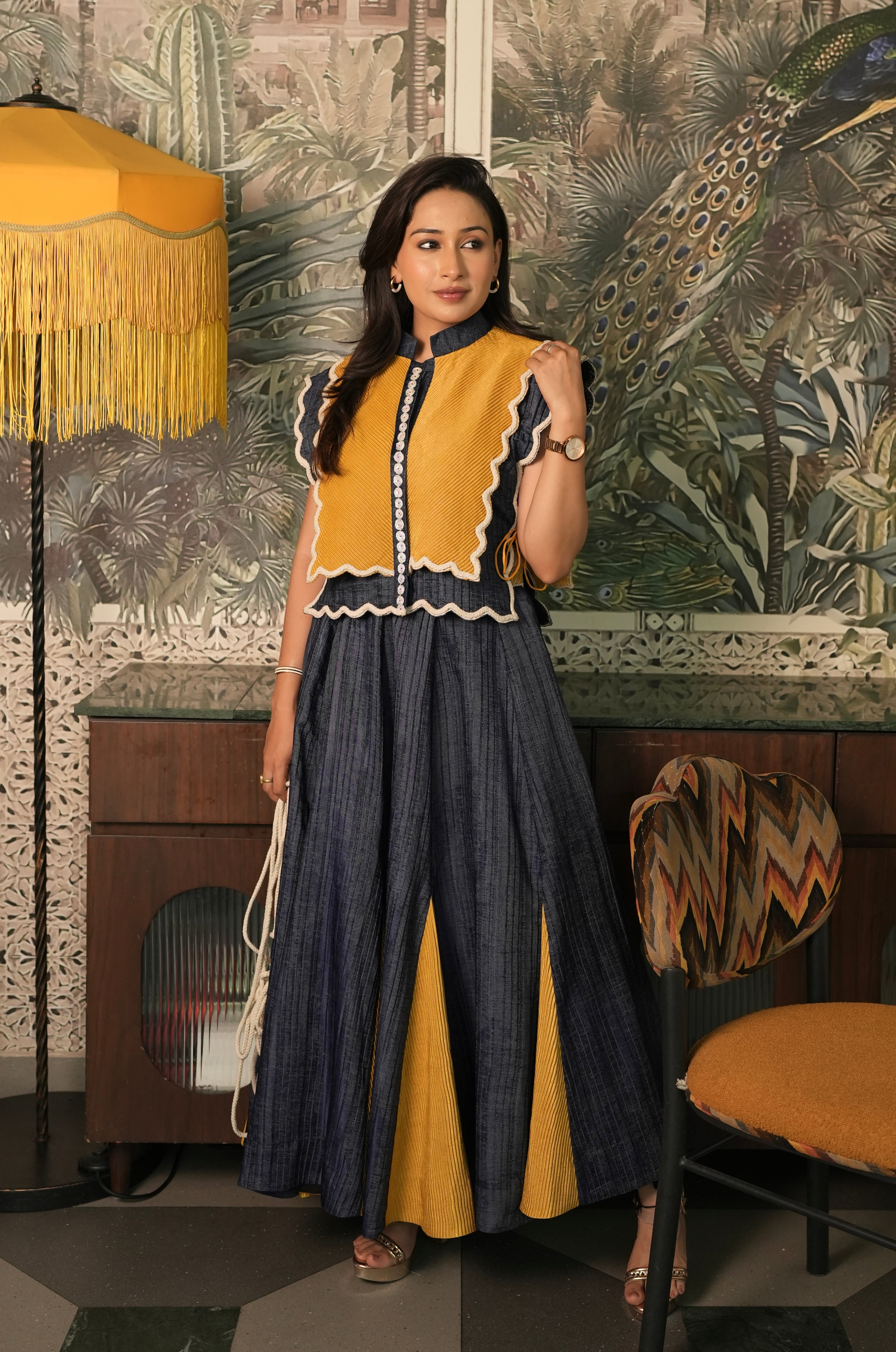 Golden Dusk Skirt Set in Blue and Mustard