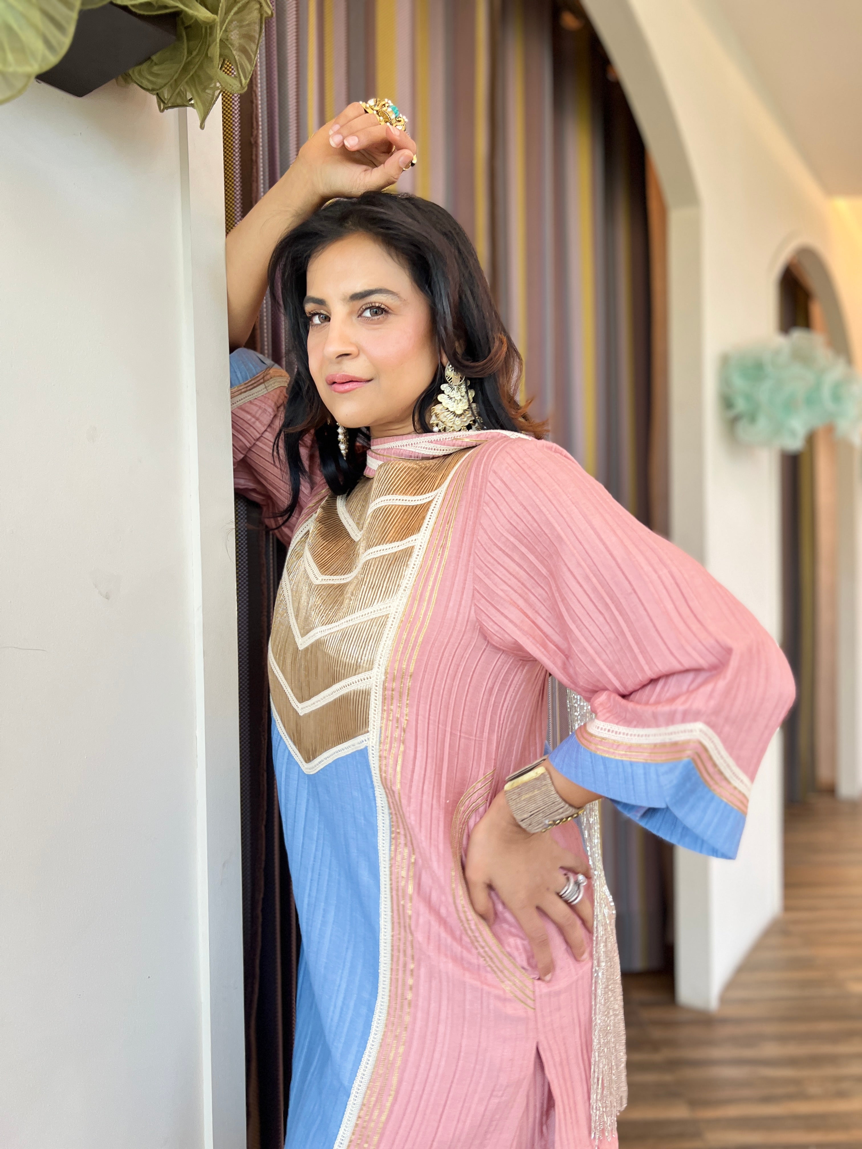 Denim blue peach farsi salwar set