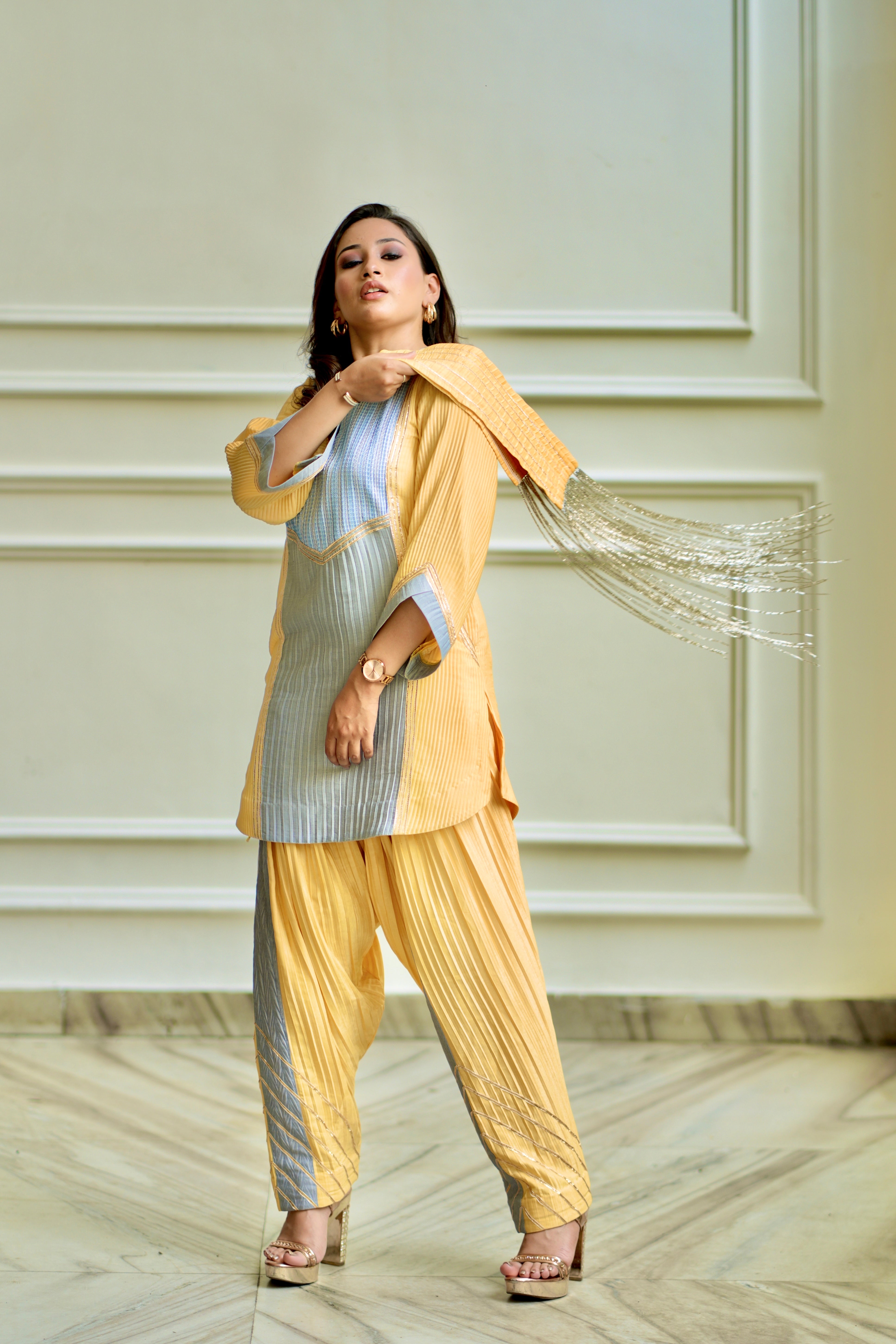 Denim blue yellow farsi salwar set