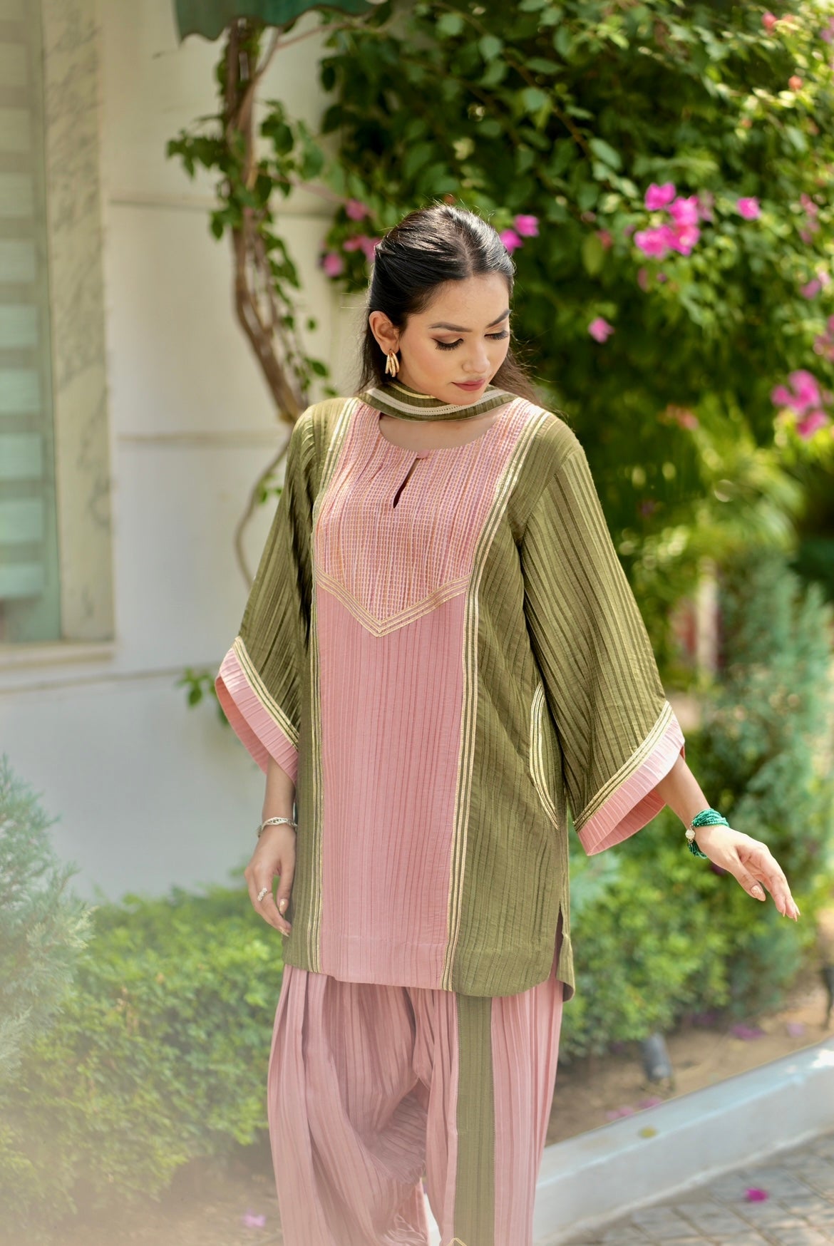 Denim peach olive green farsi salwar set
