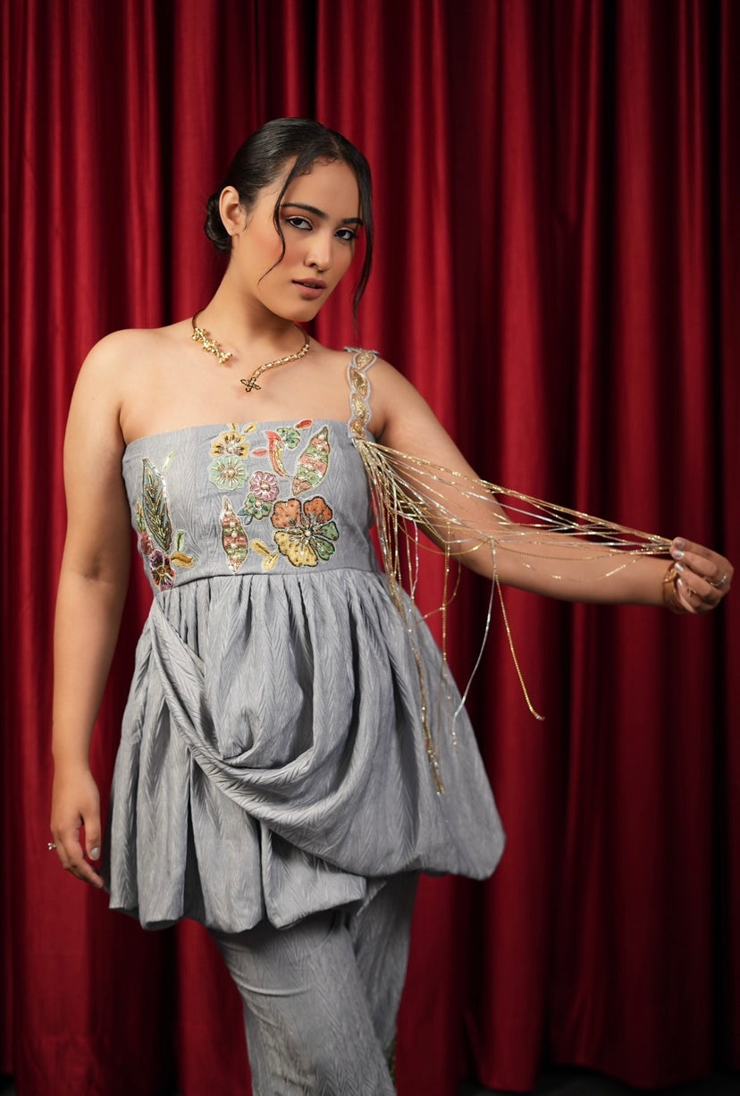 Moonstone Embroidered peplum pants set in Grey