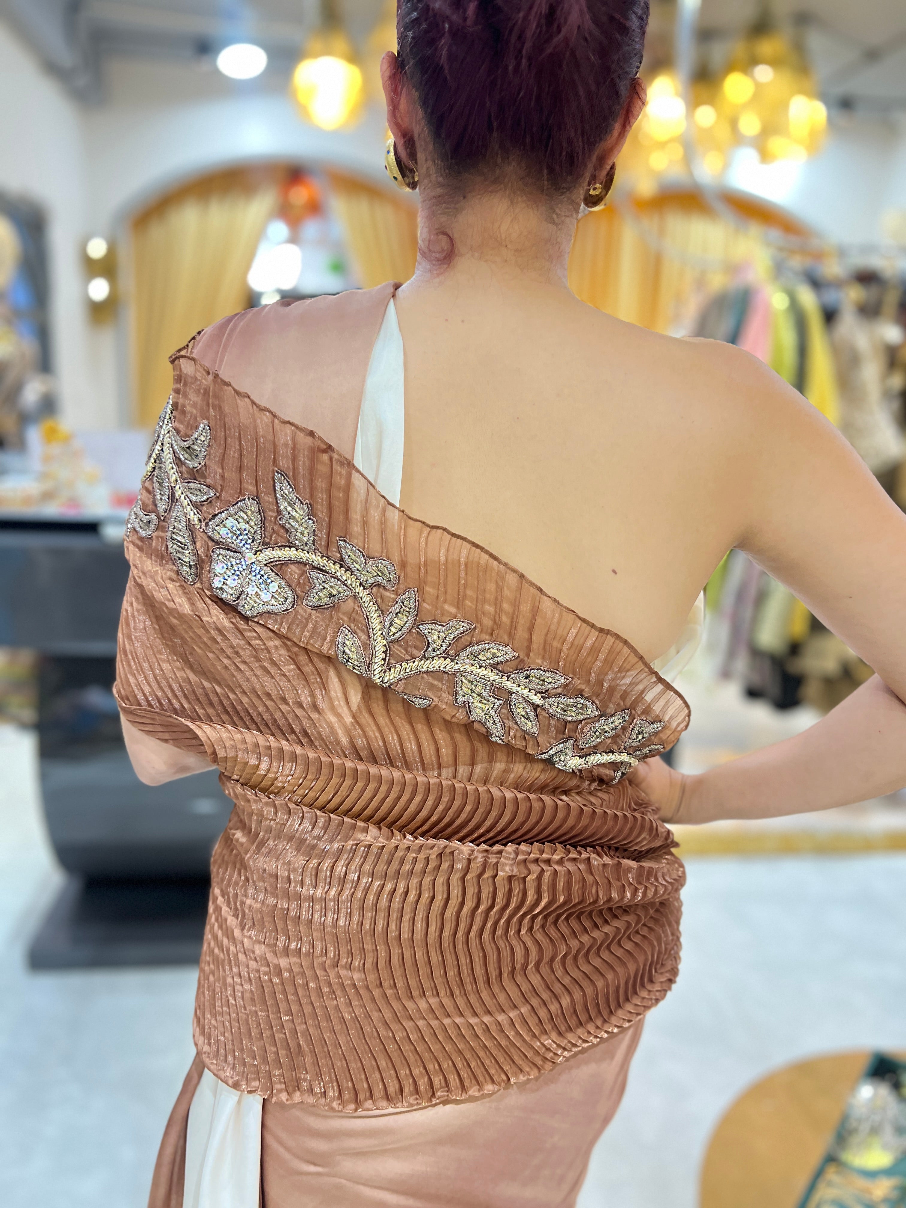 Rust Gold ombre shimmer multi drape saree set