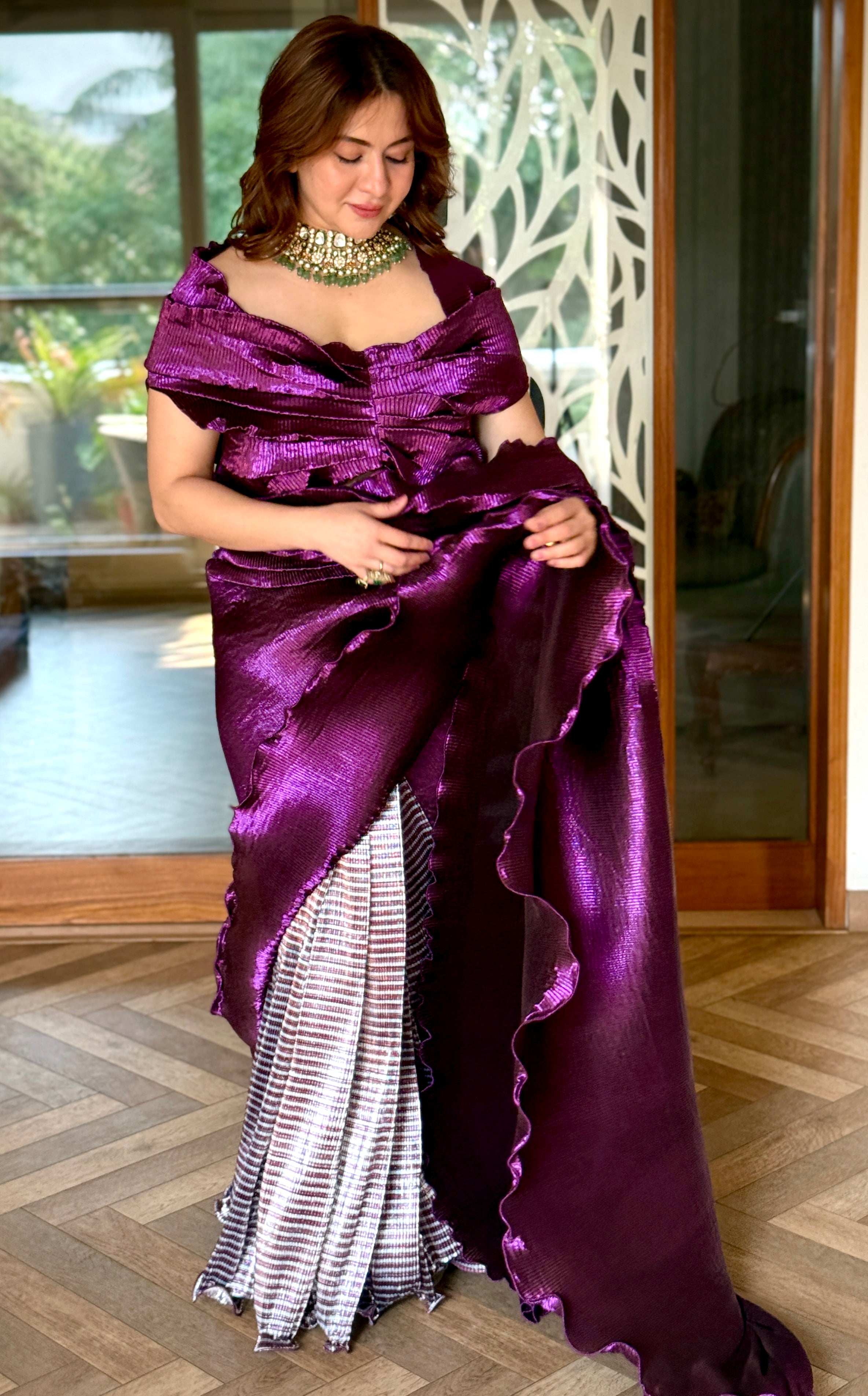 Purple Shimmer - Striped Color block Saree