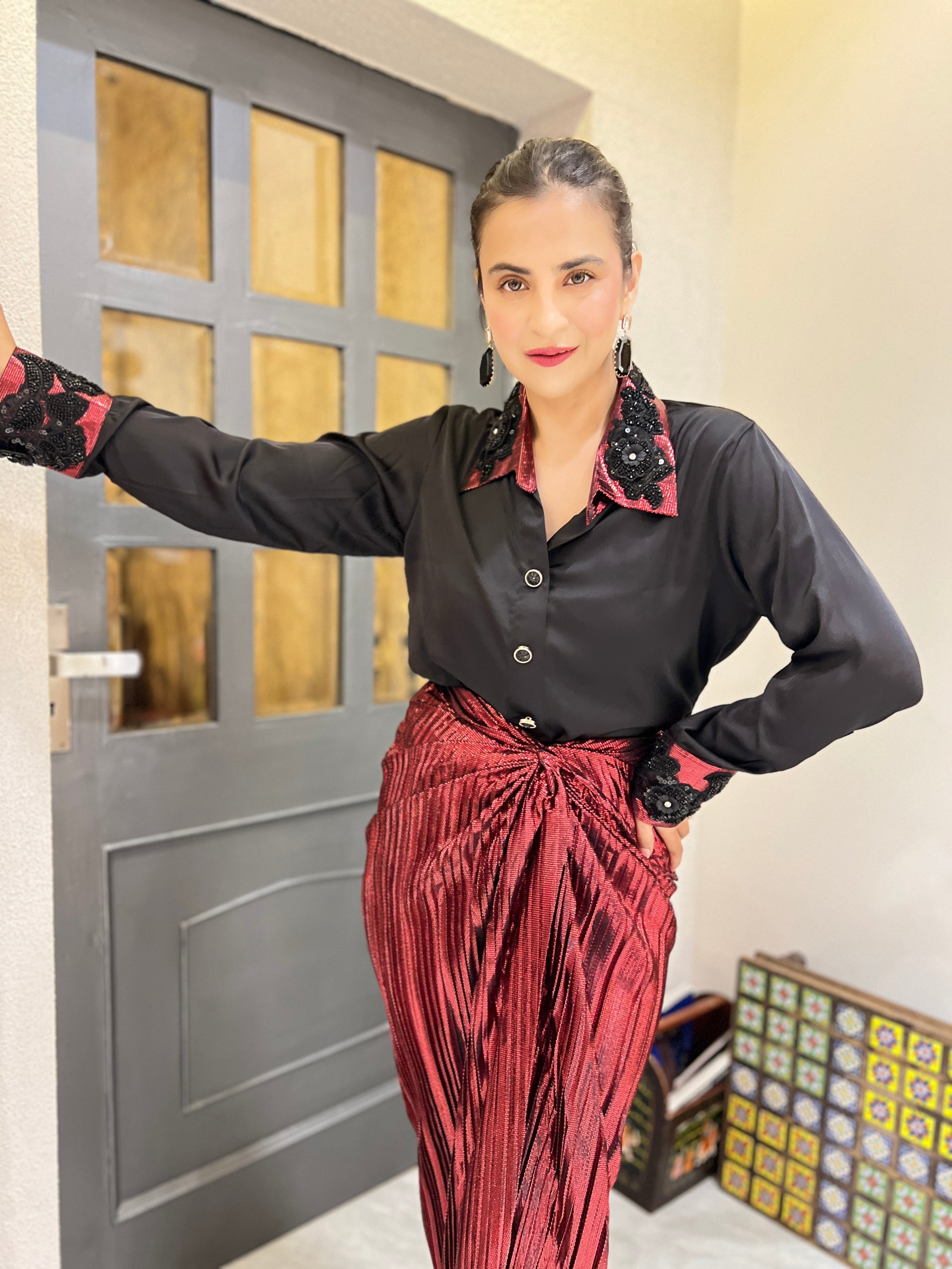 Black satin shirt & red drape skirt set