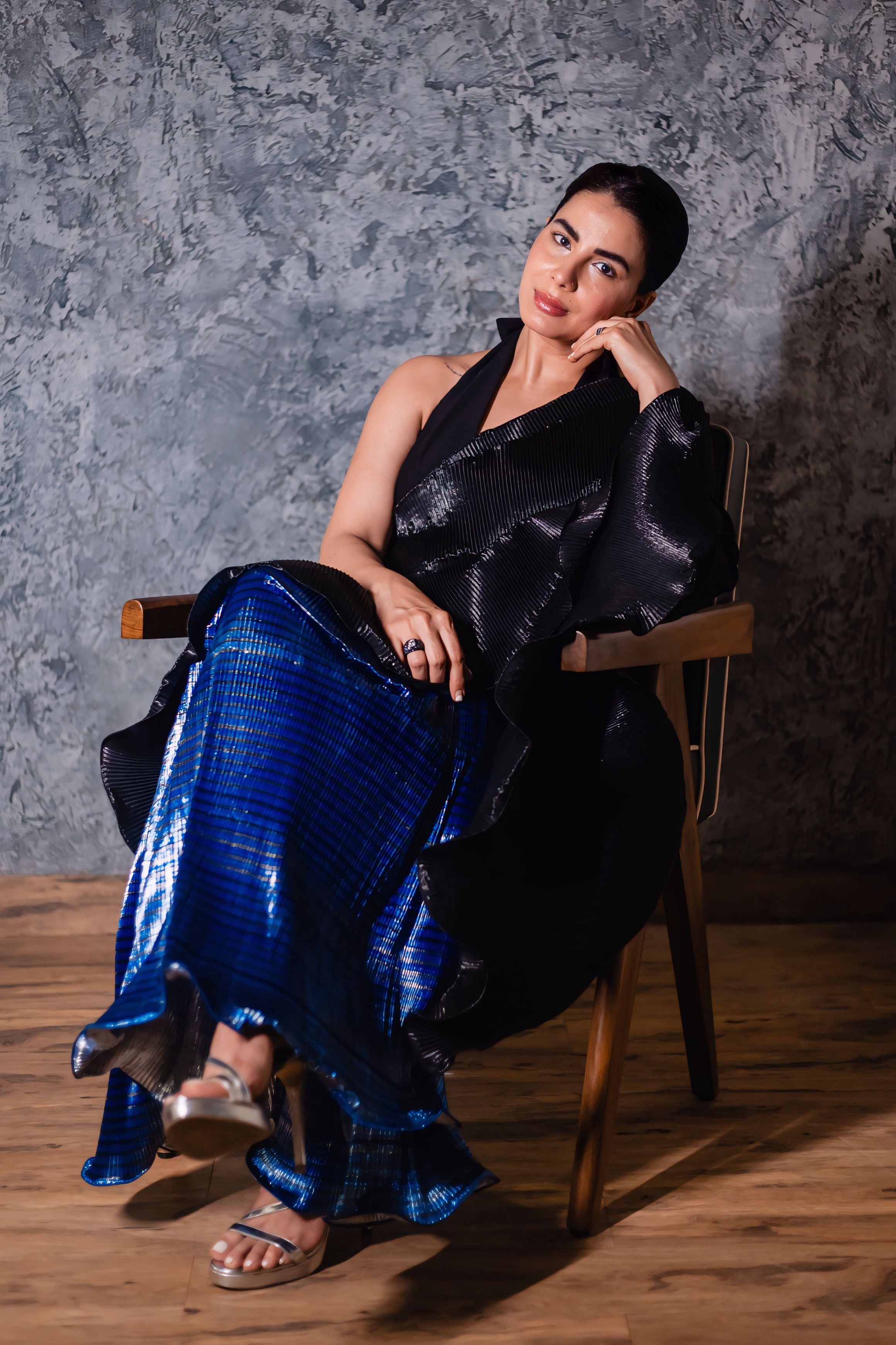 Black & striped color block multi drape saree