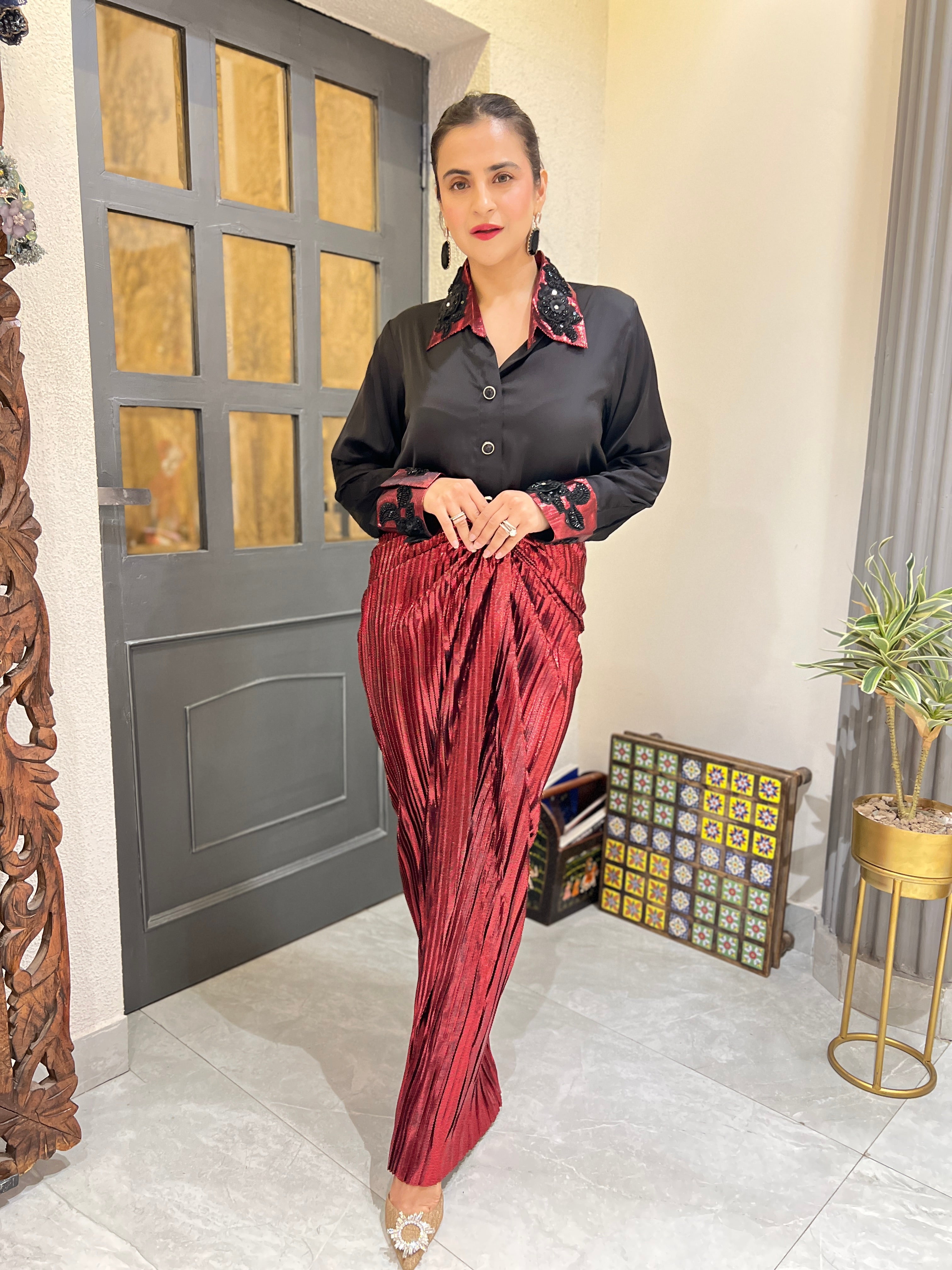 Black satin shirt & red drape skirt set