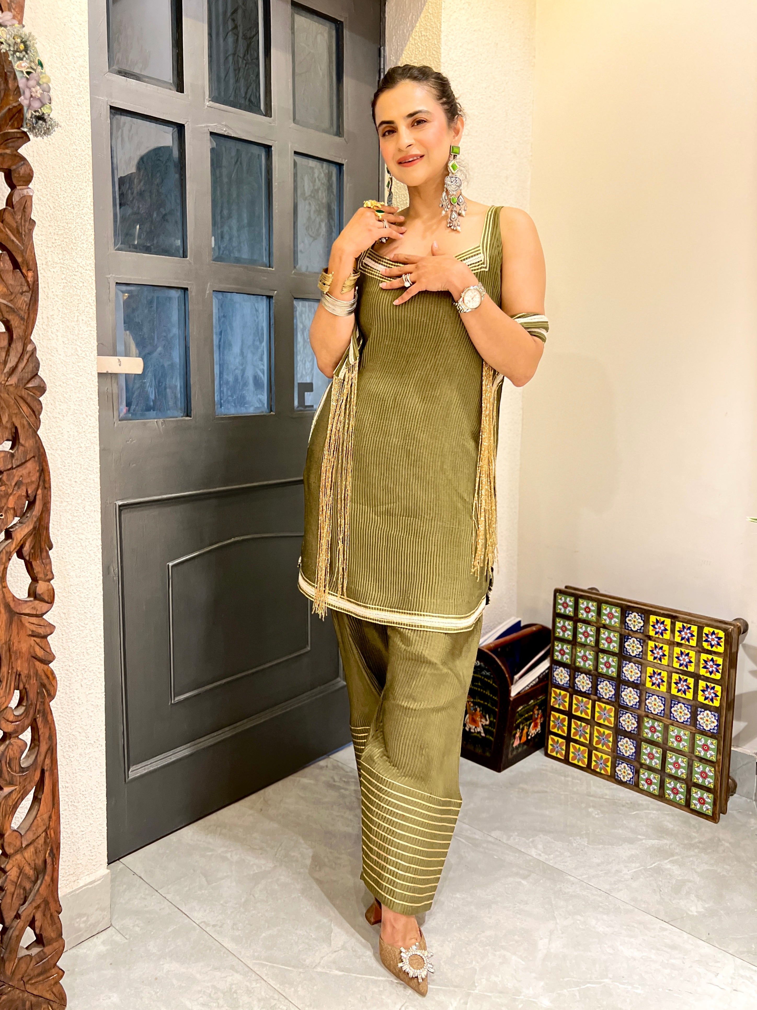 Denim olive green farsi salwar set