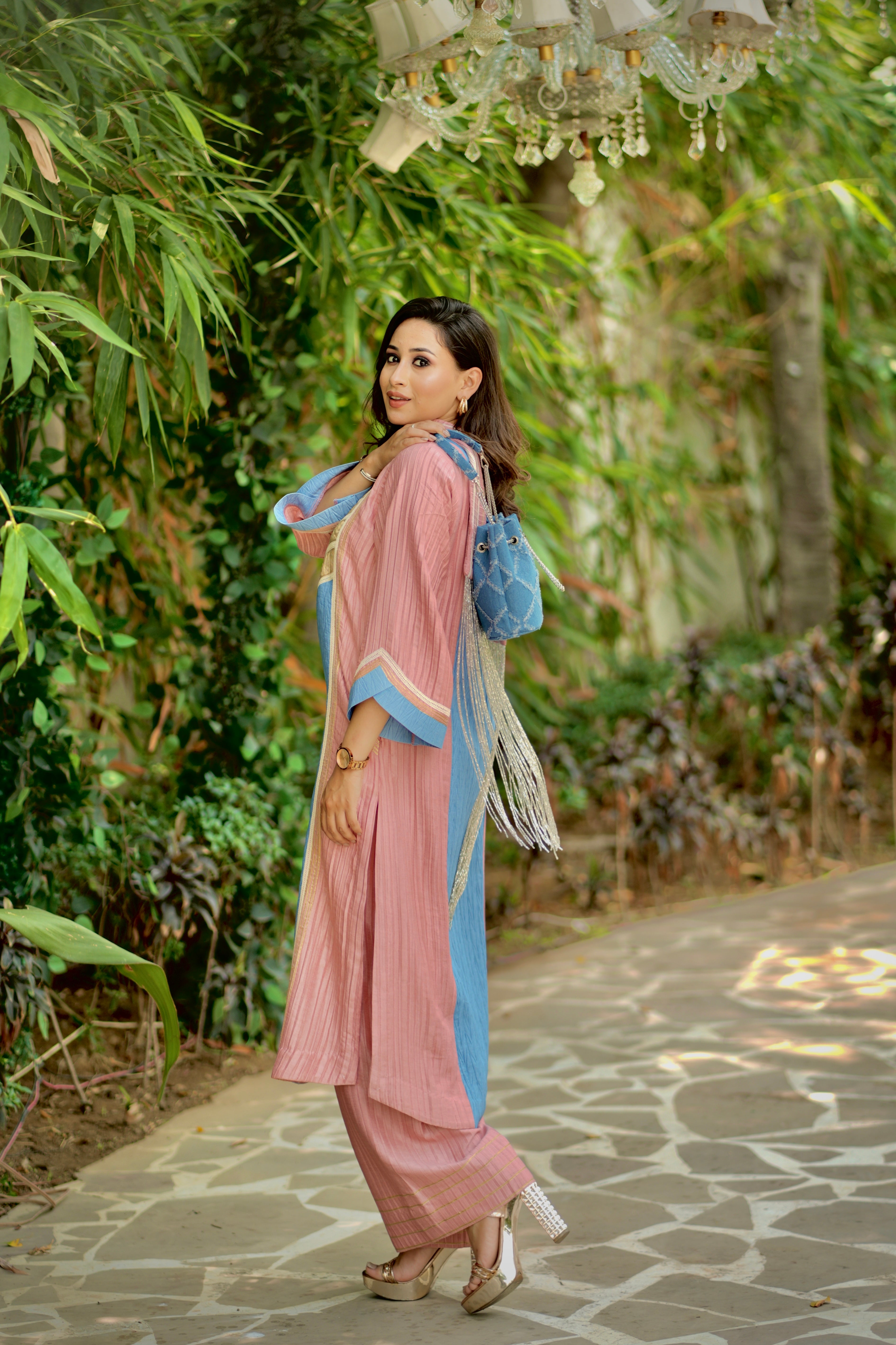 Denim blue peach farsi salwar set