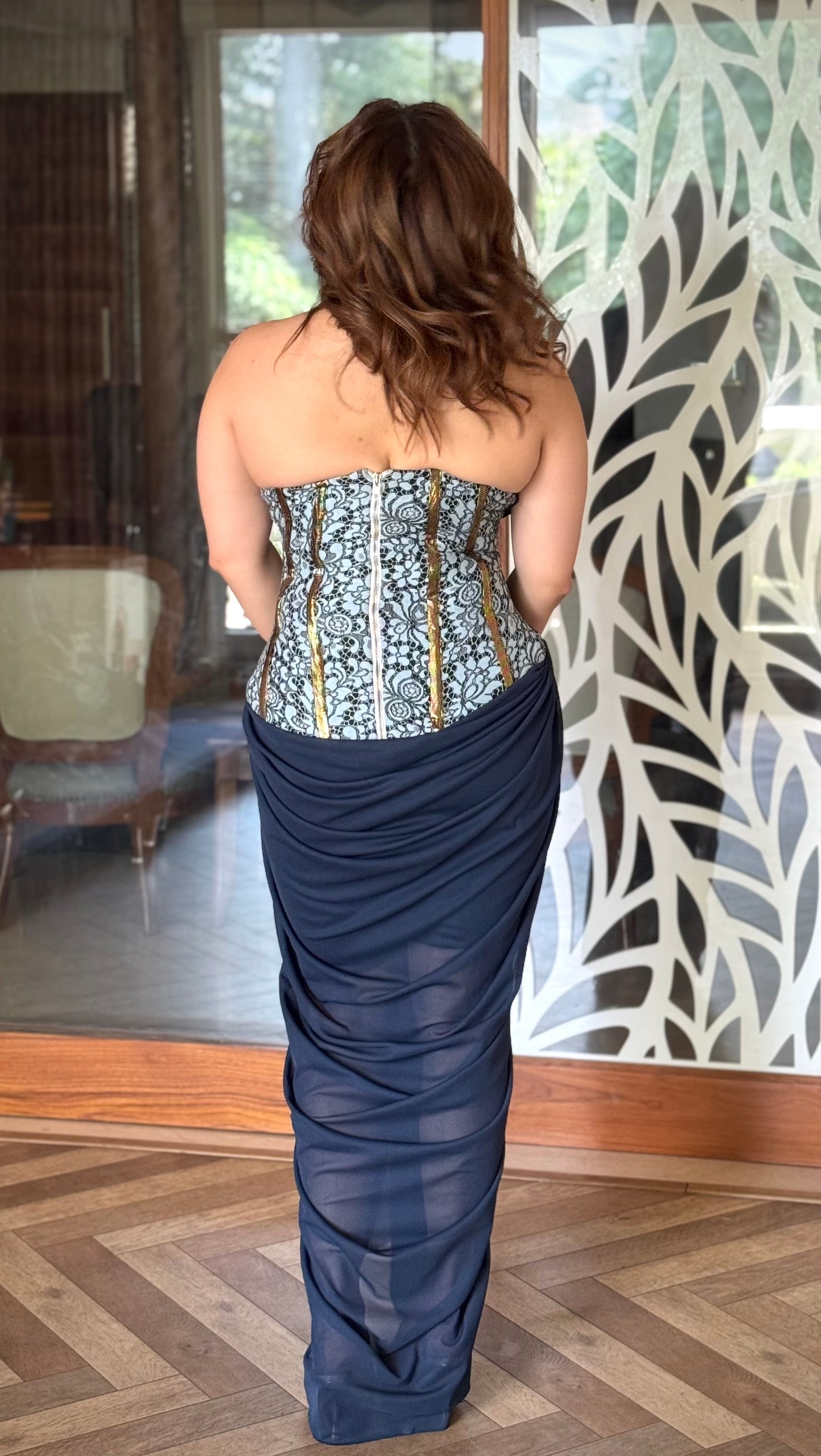 blue v neck corset Lycra gown