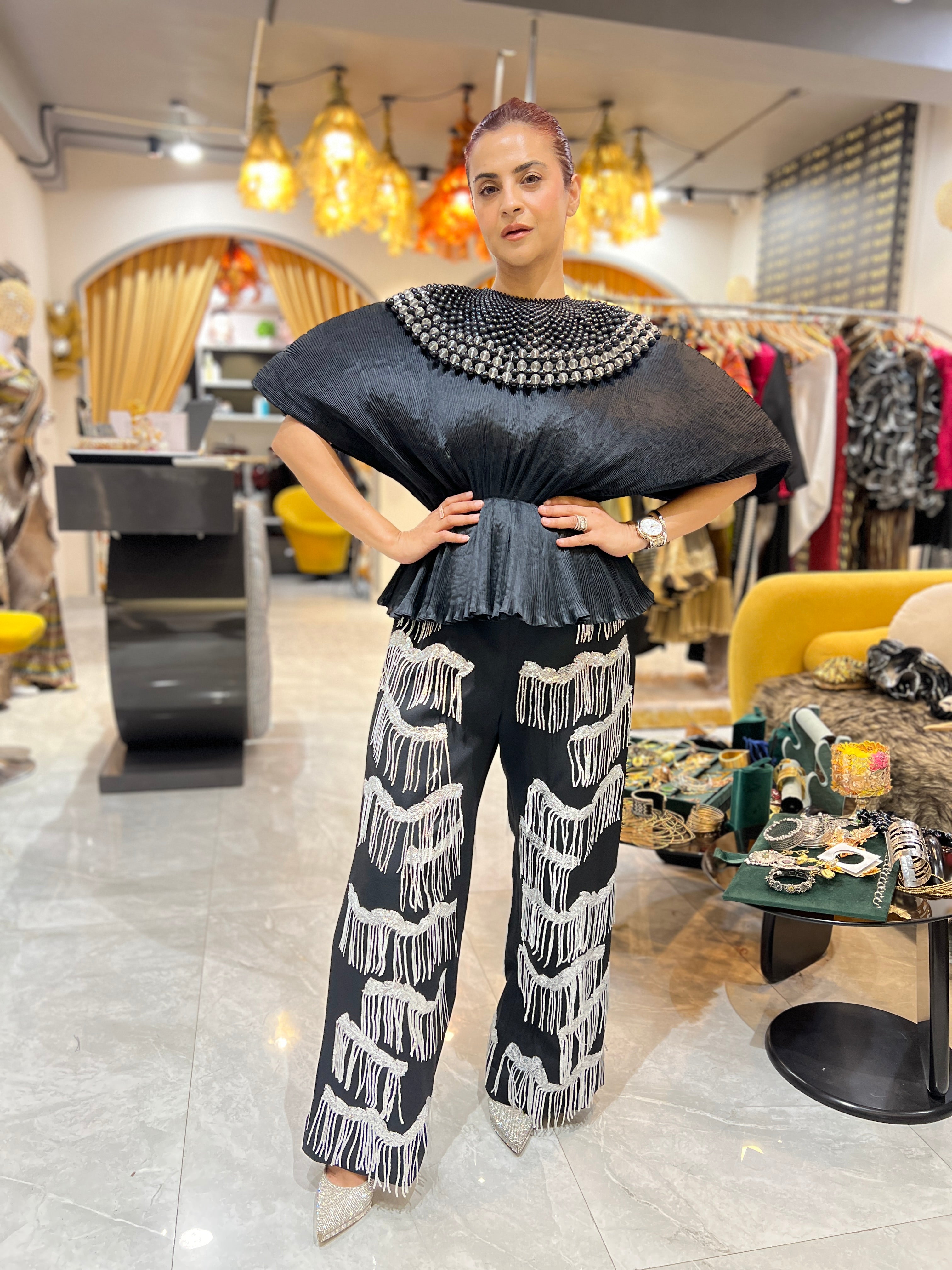 Black moon pants set with silver tassels with beaded cape