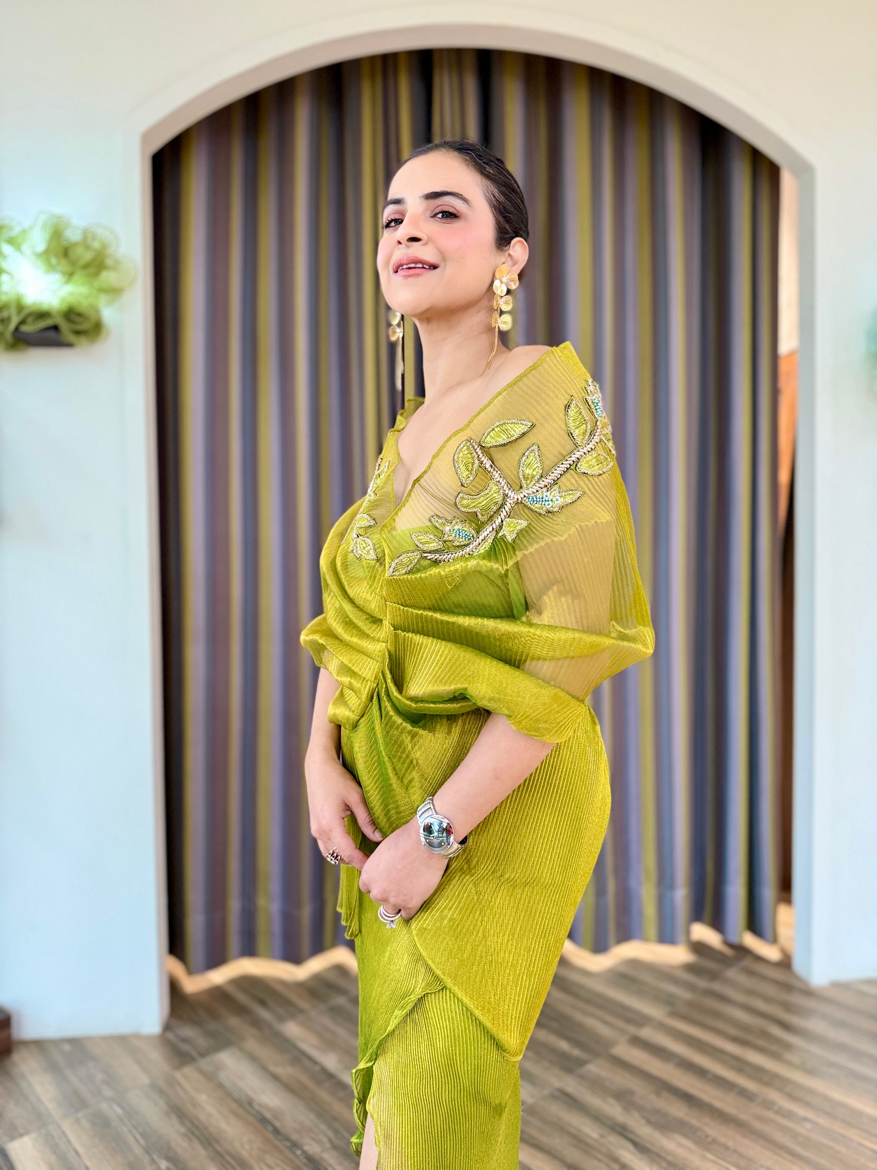 Dual Green embroidered Multi drape skirt set