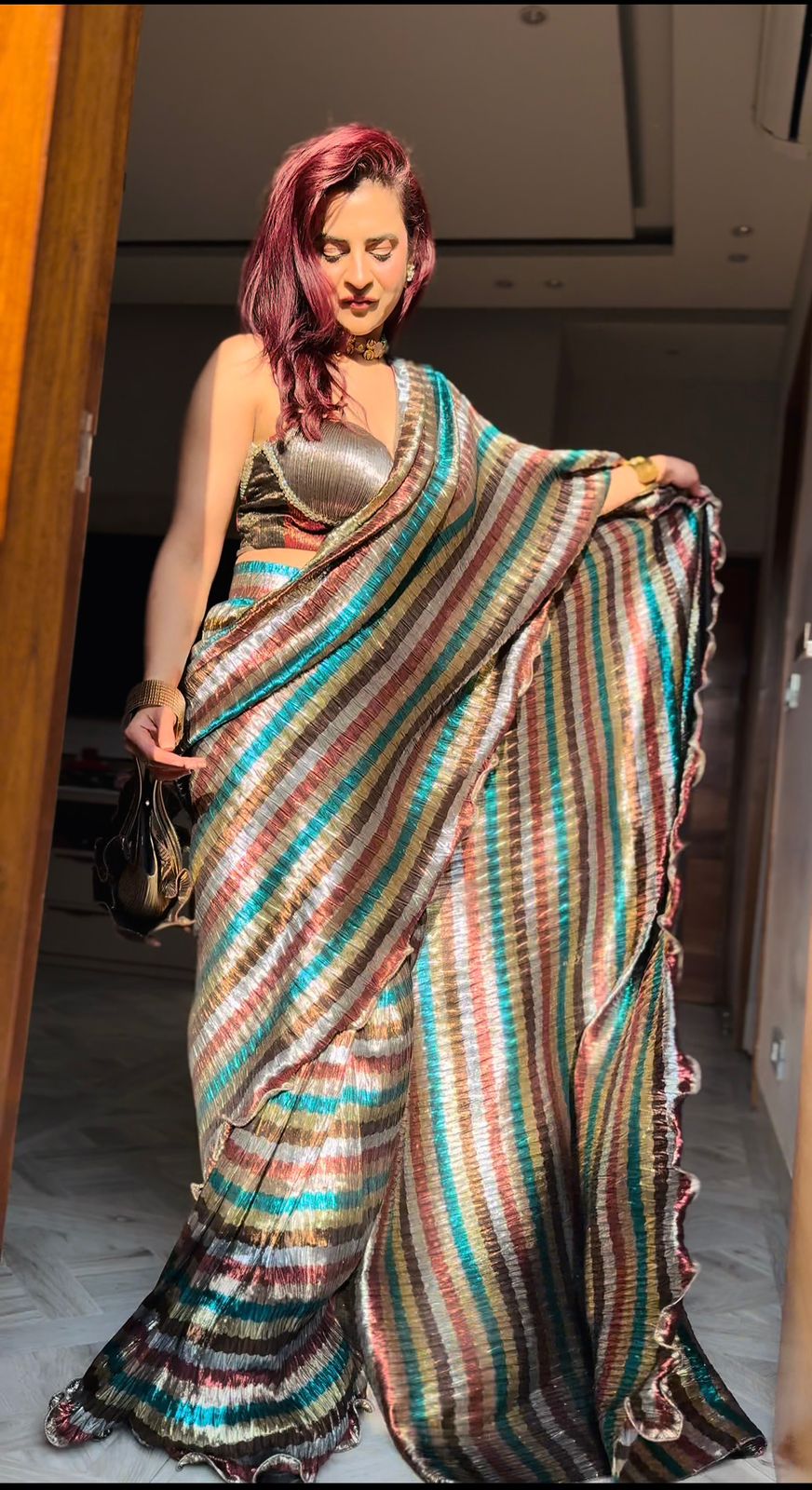 Multi Color Striped Saree with Strappy Blouse