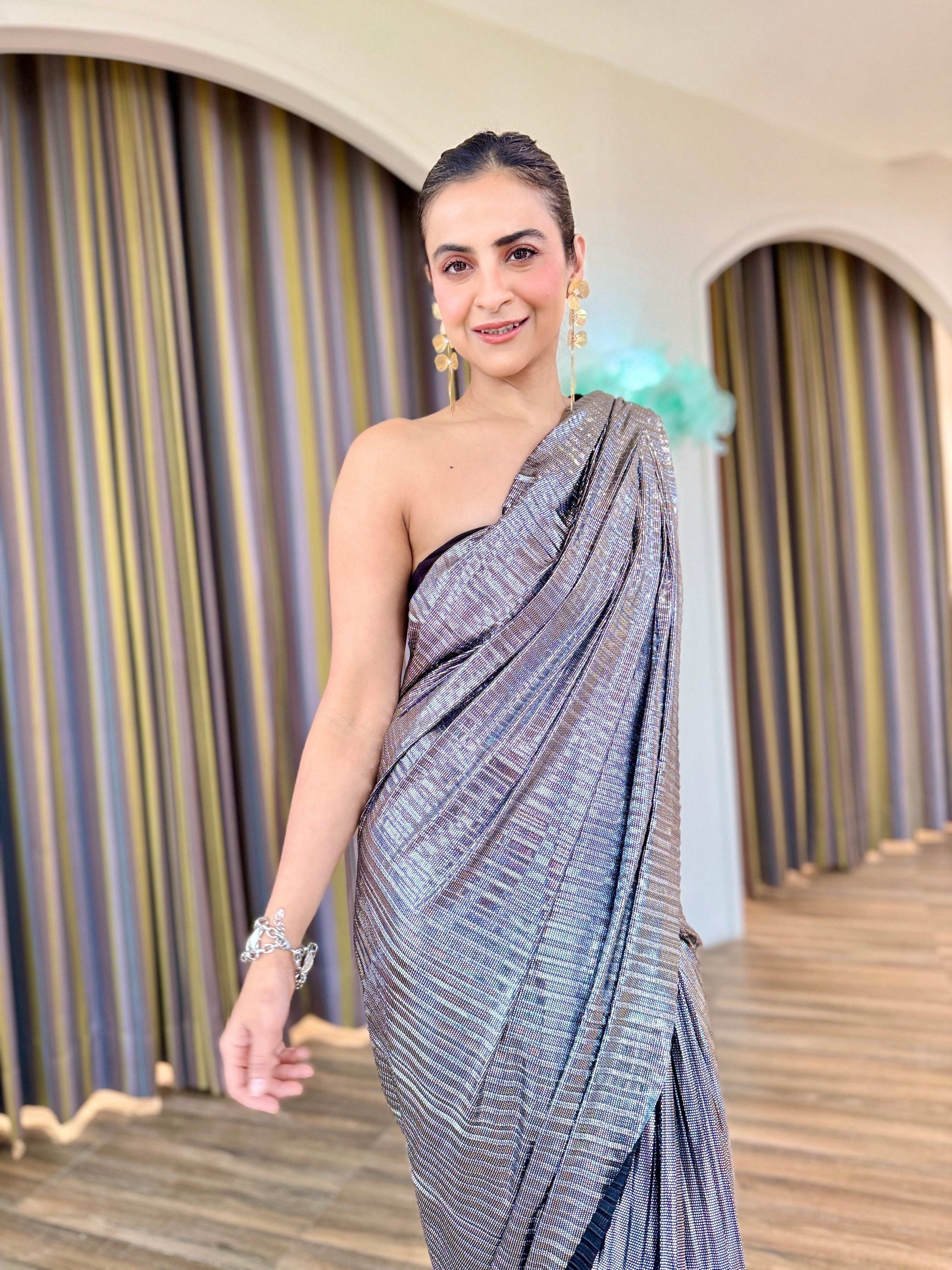 Onyx silver pre-draped saree set