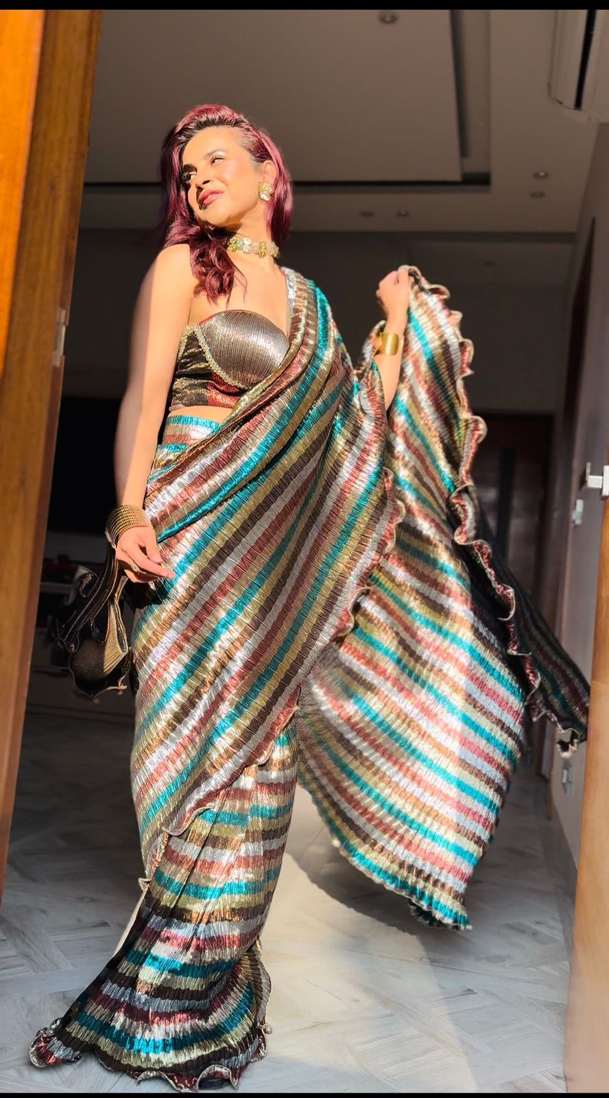 Multi Color Striped Saree with Strappy Blouse