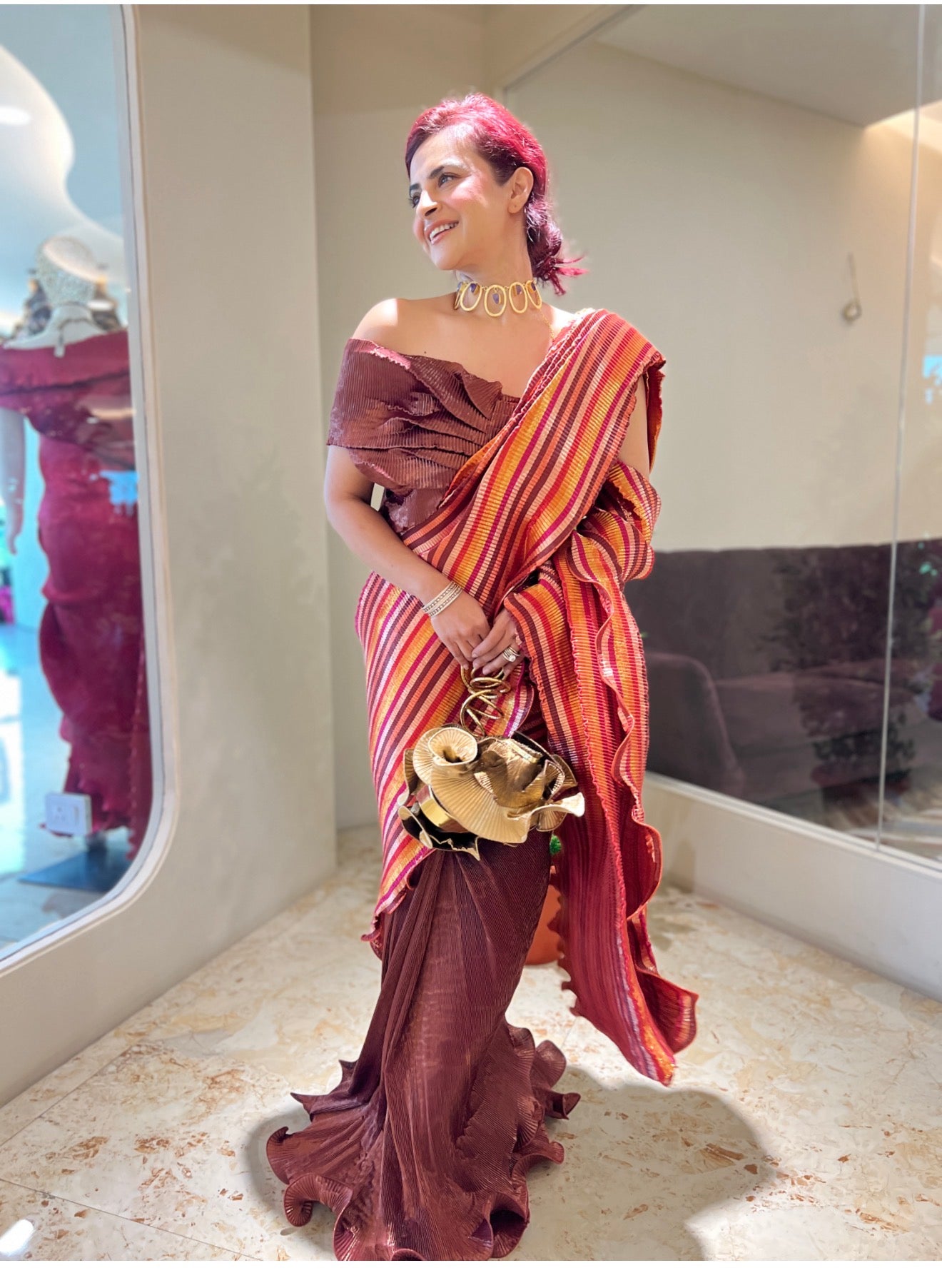 Egyptian Saree in MAROON AND STRIPES COLOR BLACK . Shimmer silk