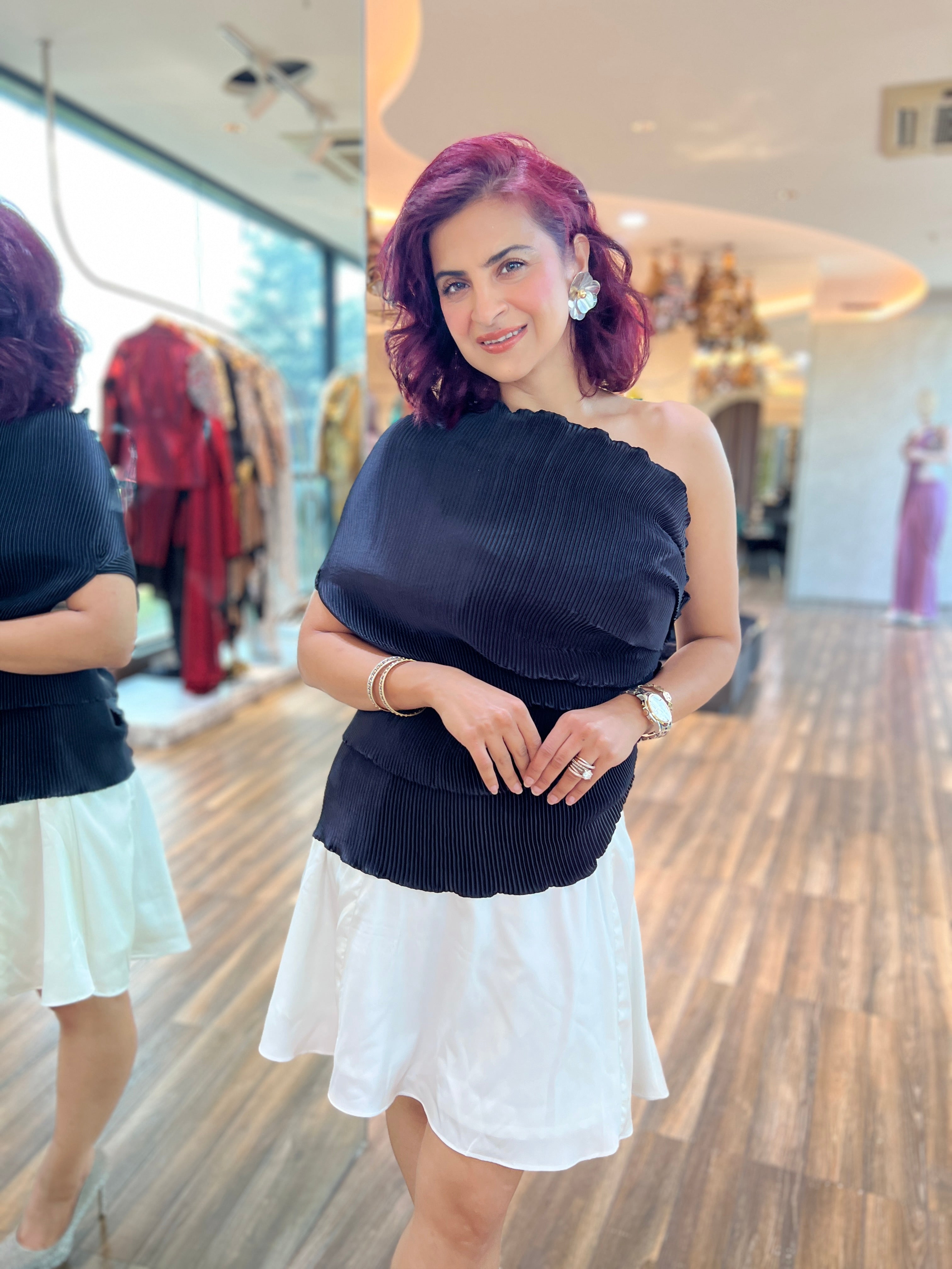 Black satin short multidrape dress