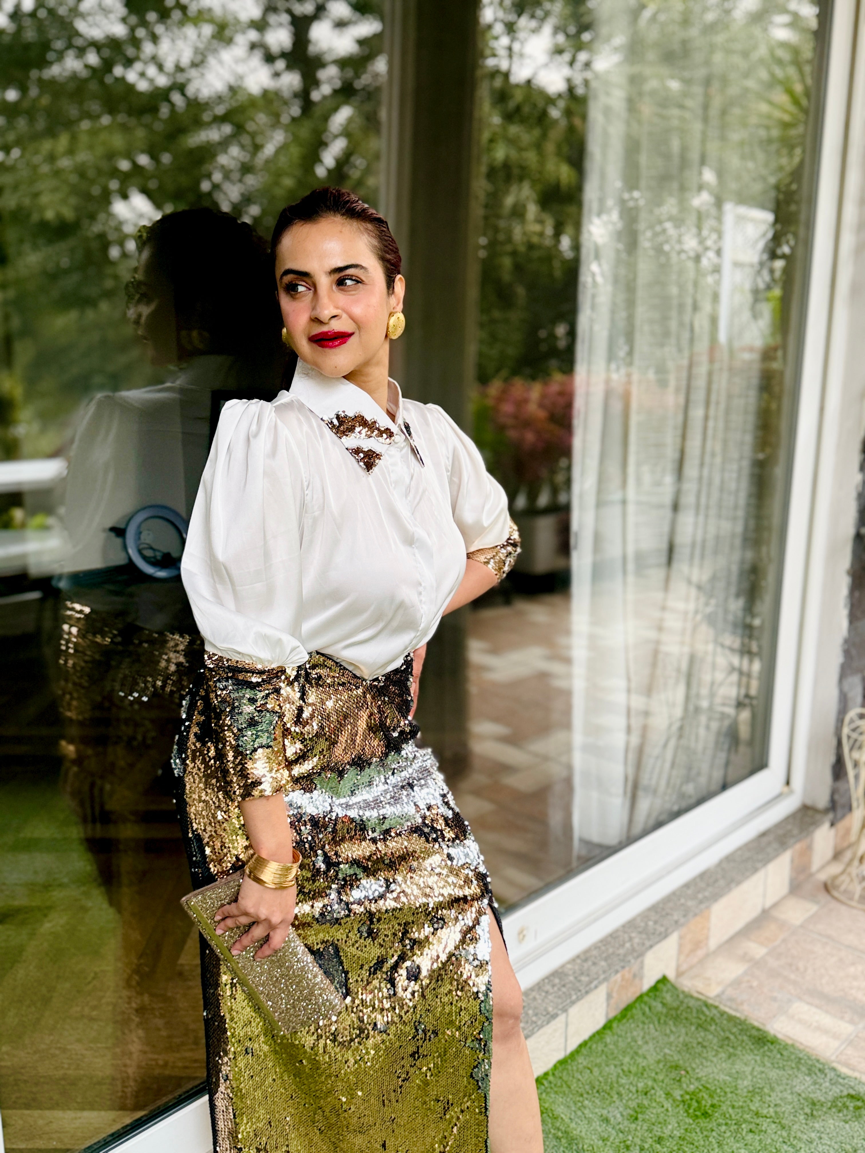 white armani gold silver sequin shirt