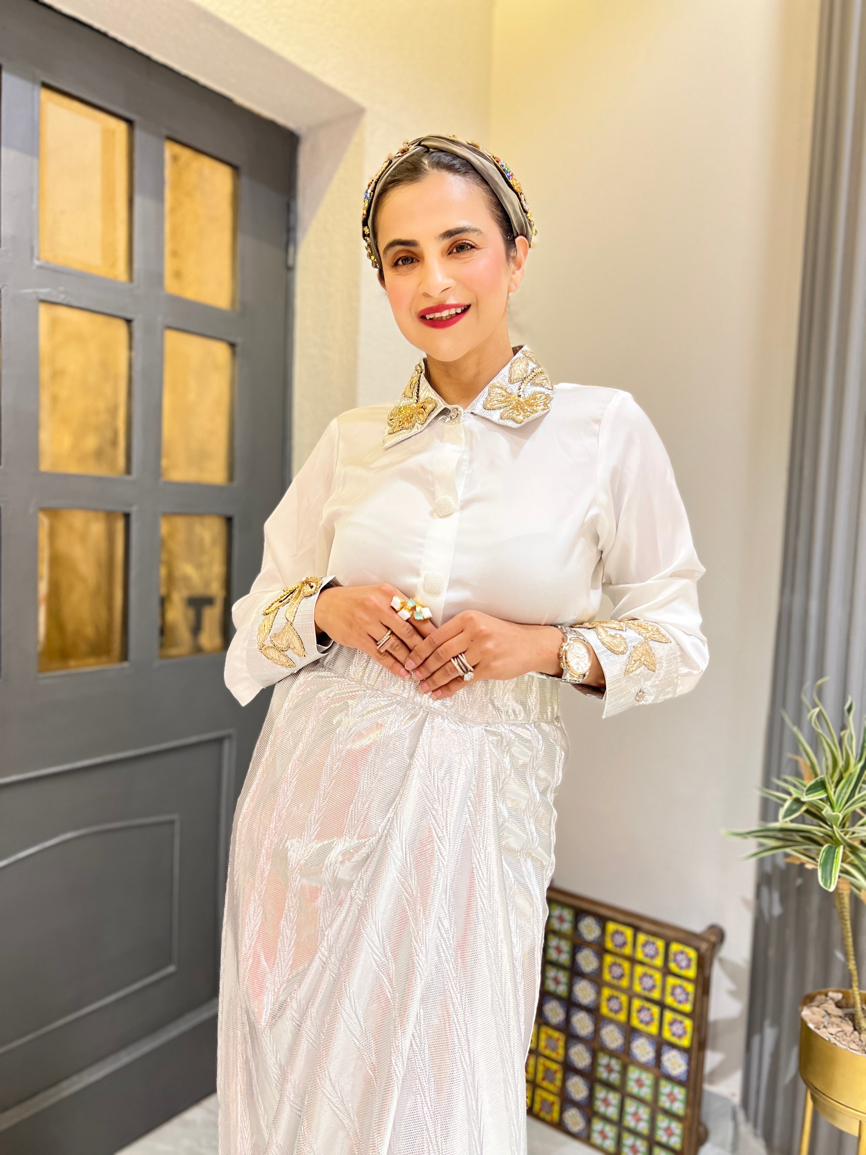 White satin shirt & drape skirt set