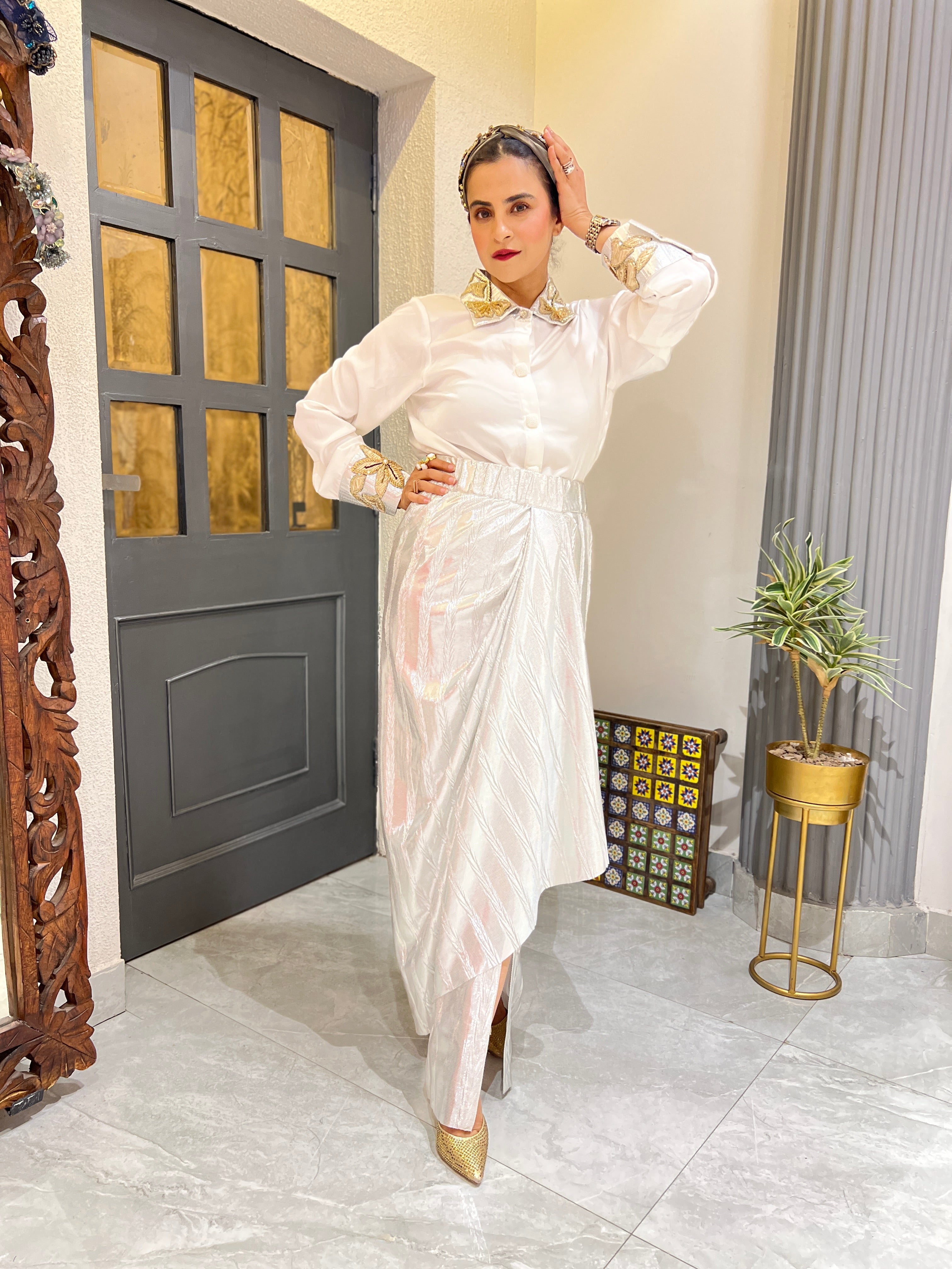 White satin shirt & drape skirt set