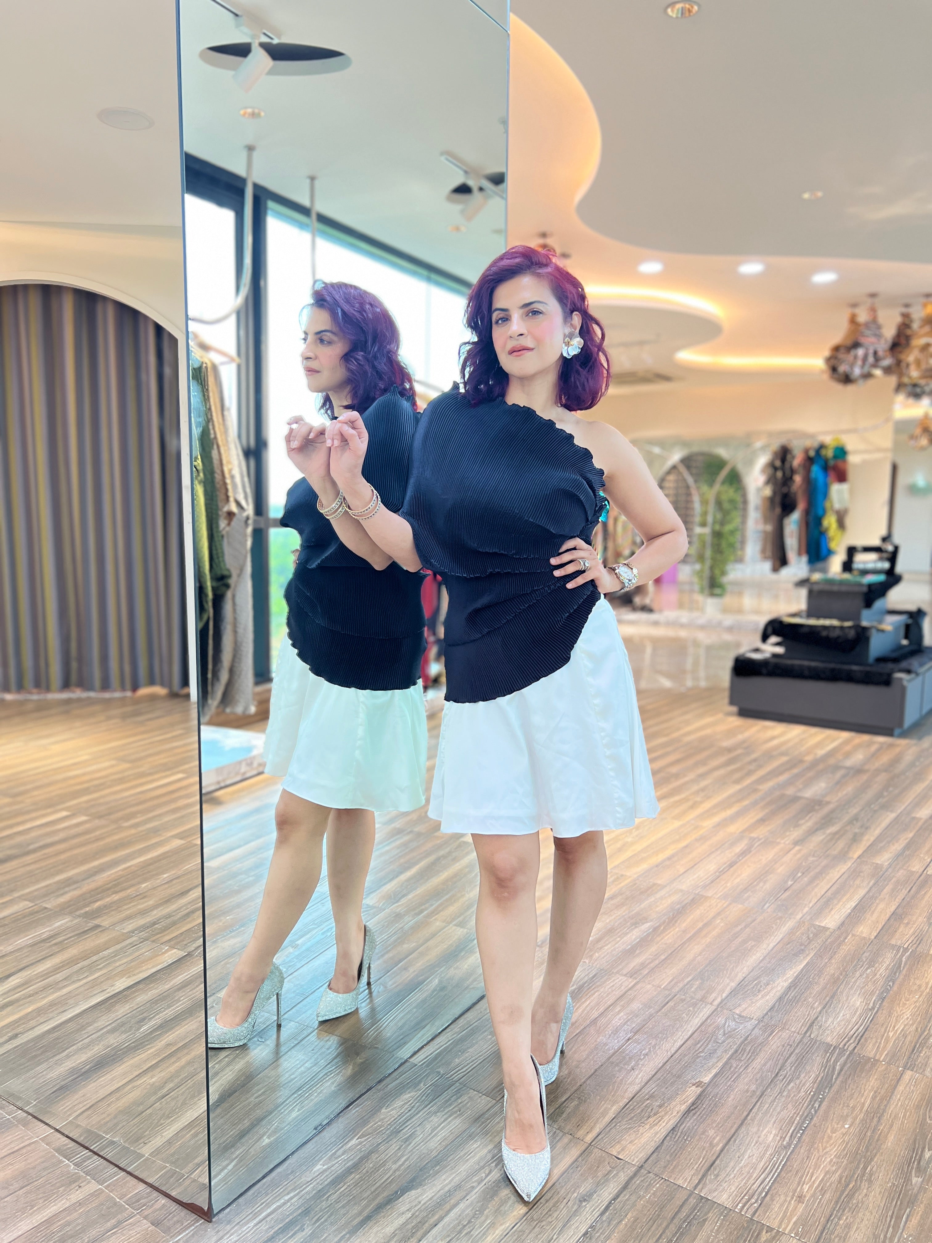 Black satin short multidrape dress