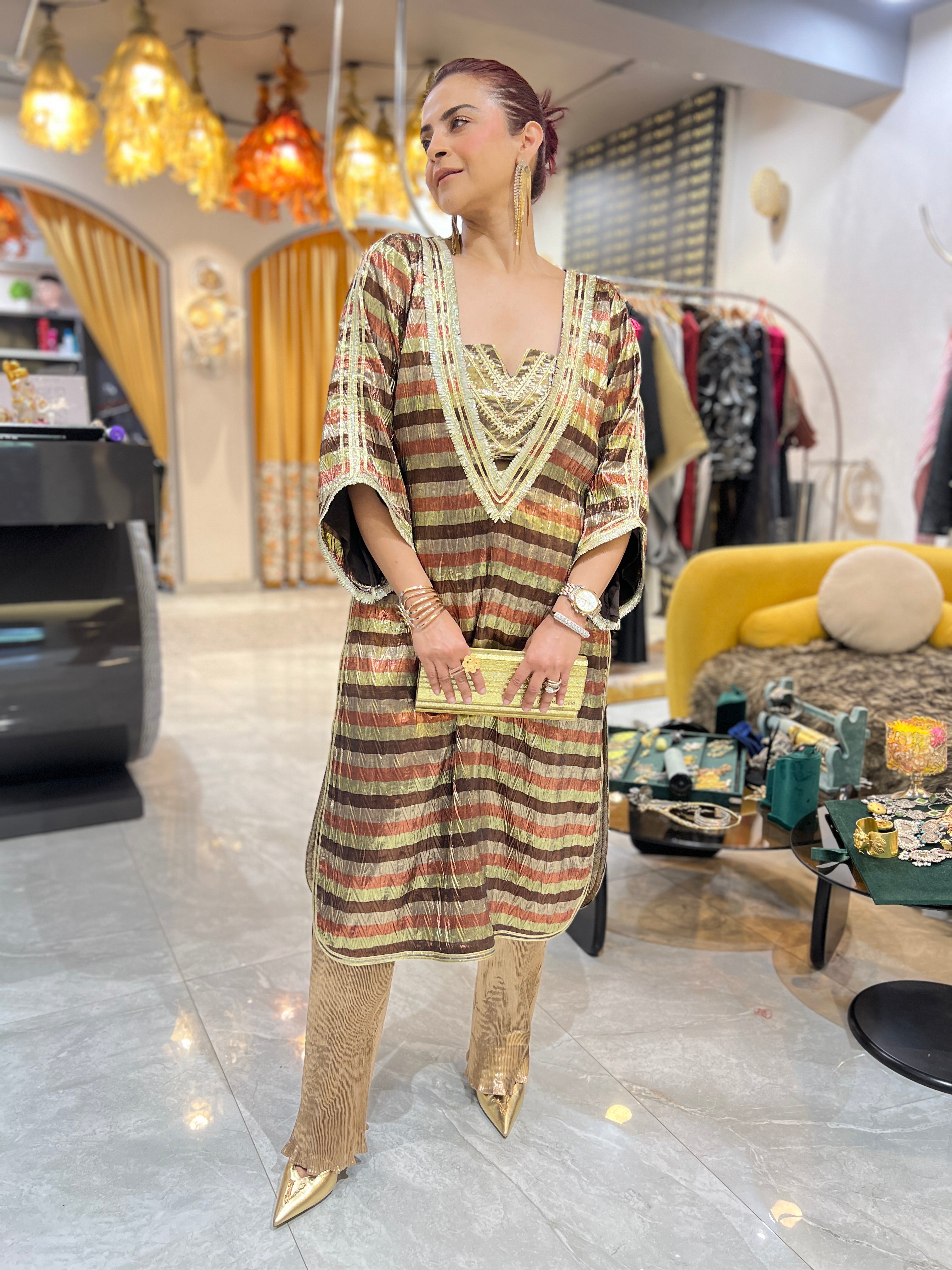 Deep neck antique gold multicolor gota embroidered kurta pants set with earrings