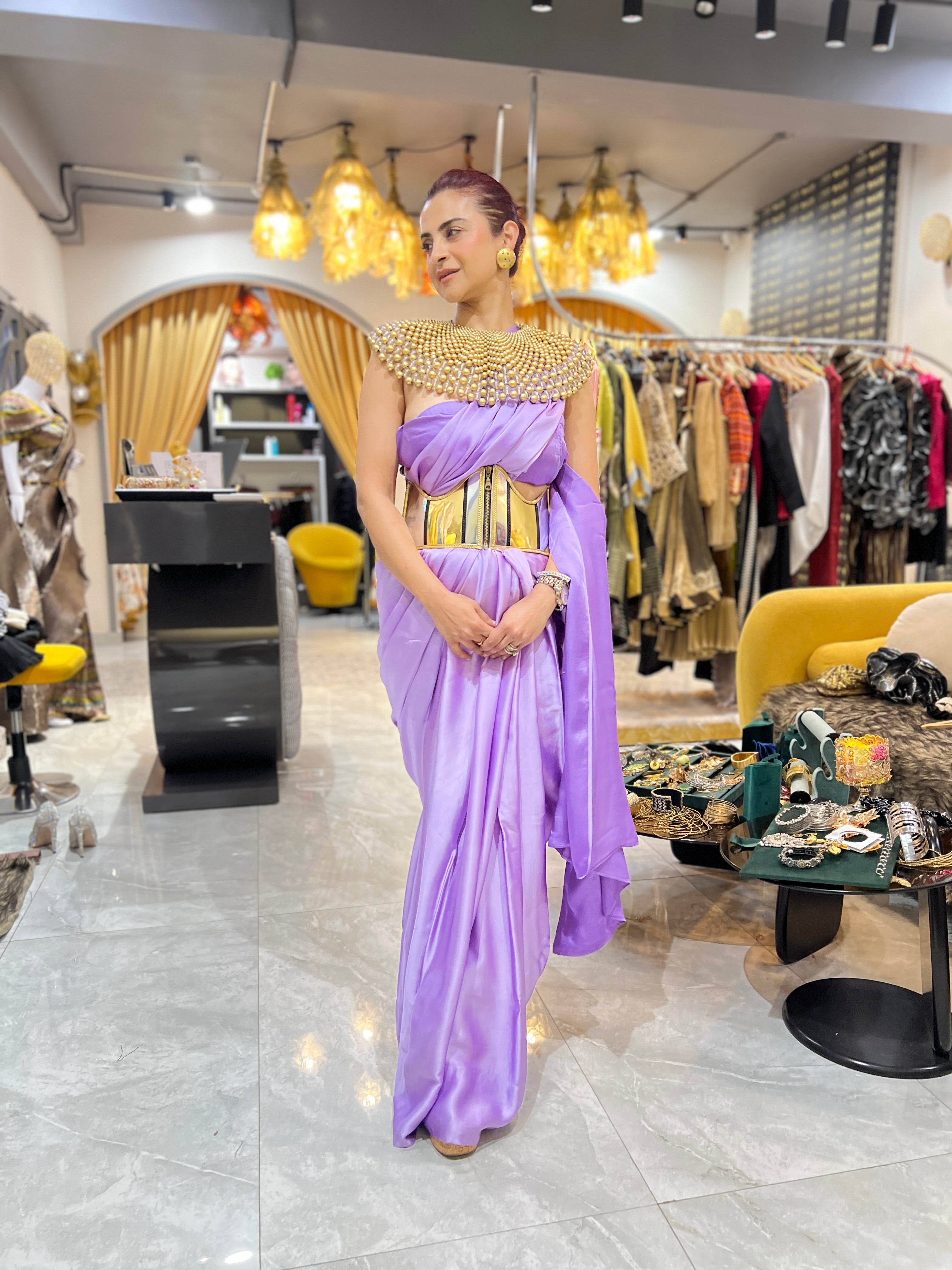 Lilac saree set with corset belt and beaded cape