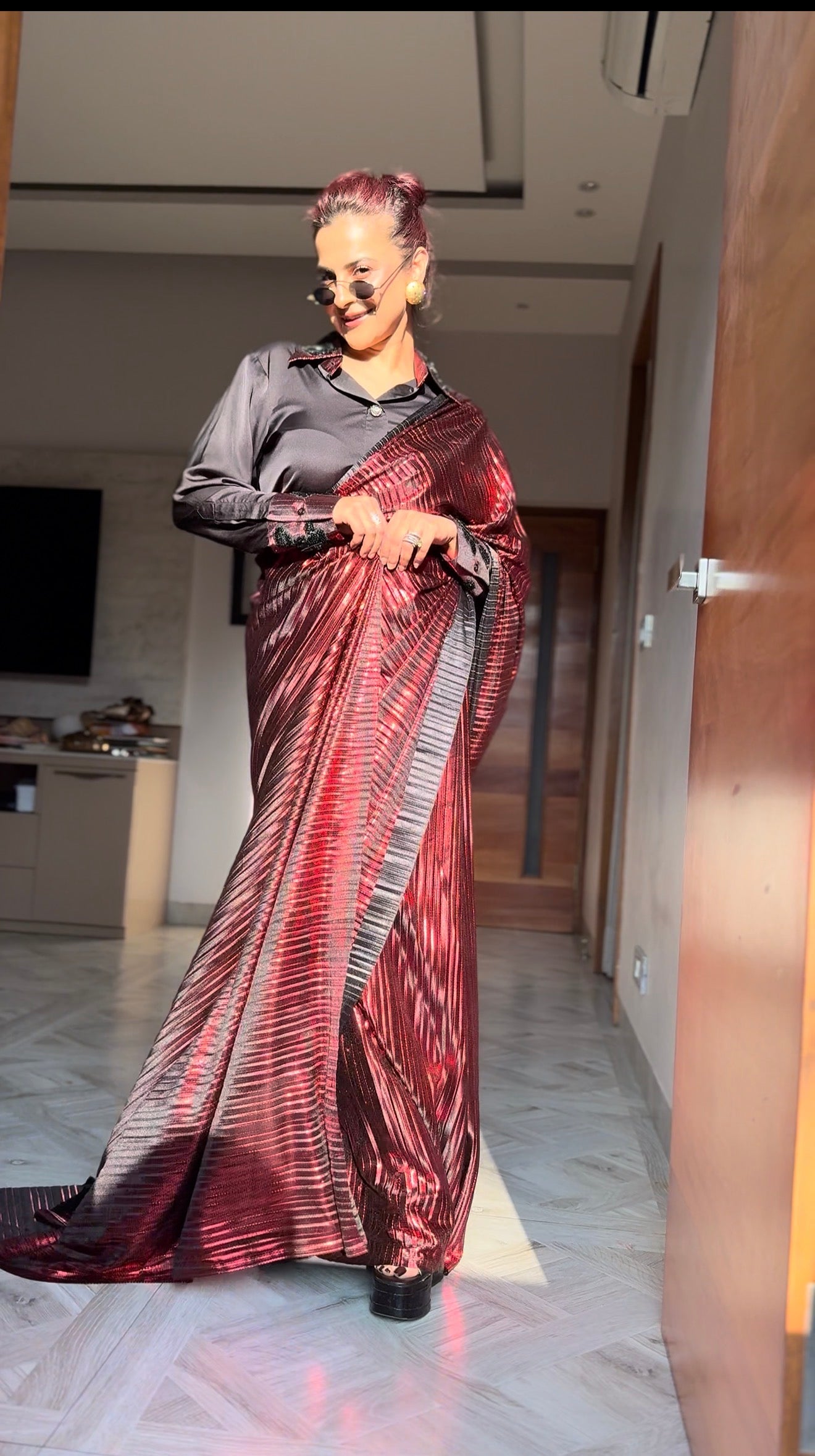 Venetian Red power drape saree blazer set