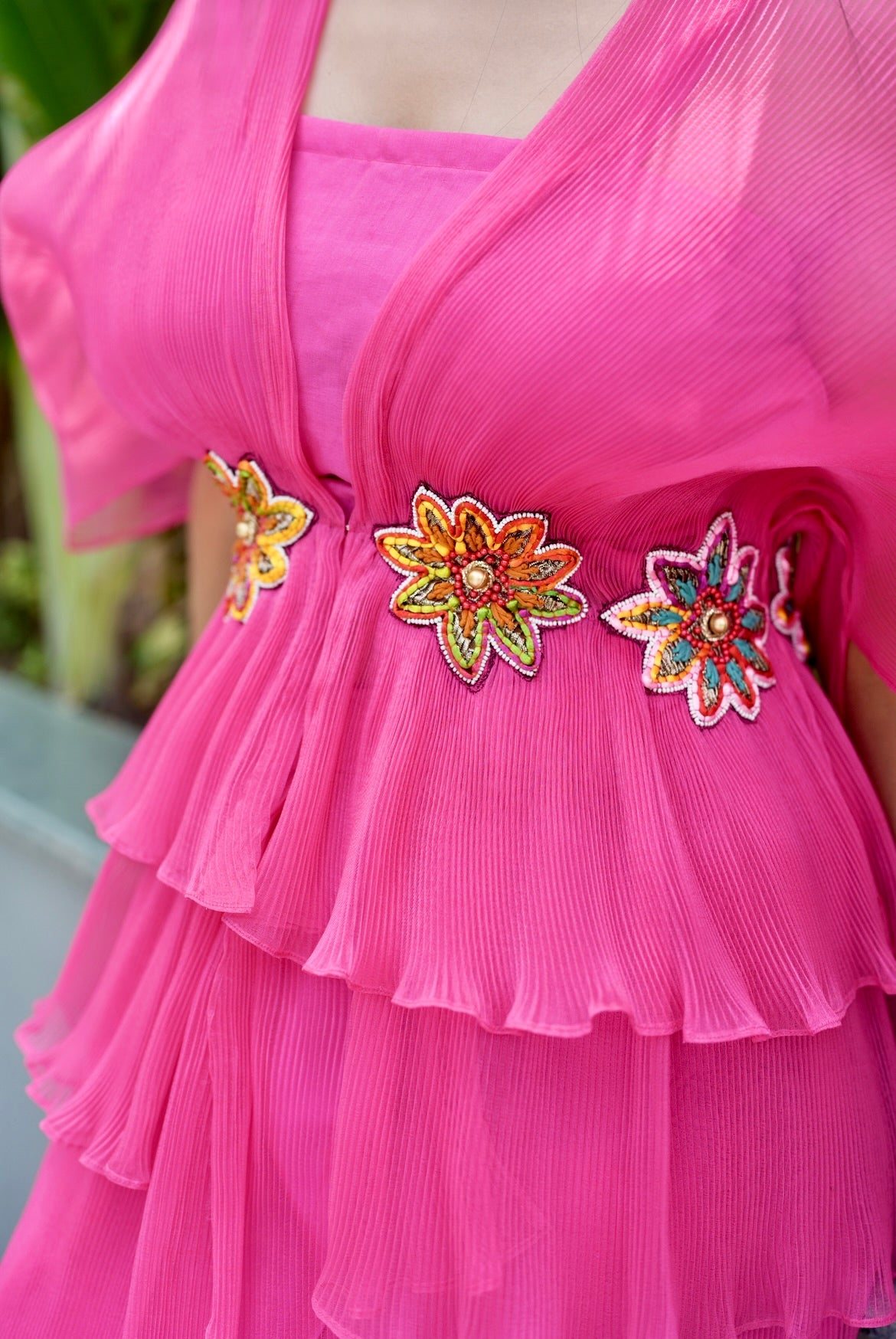 Valentino pink moon embroidered drape skirt set