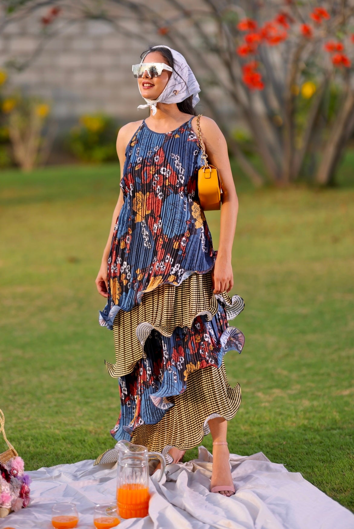 Martinique gold long ruffle layer dress