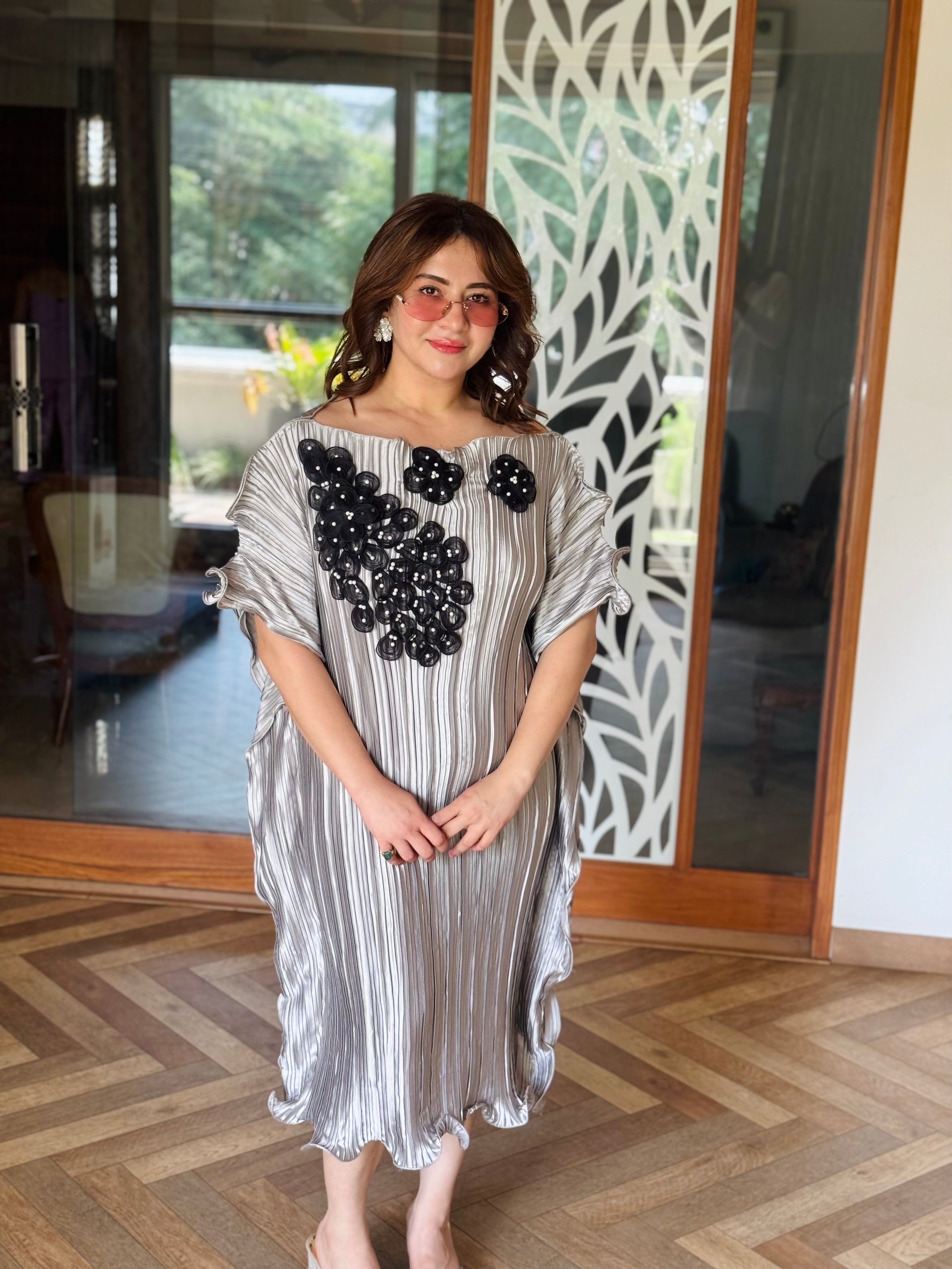 Grey Kaftan with Black Petal Embellishments